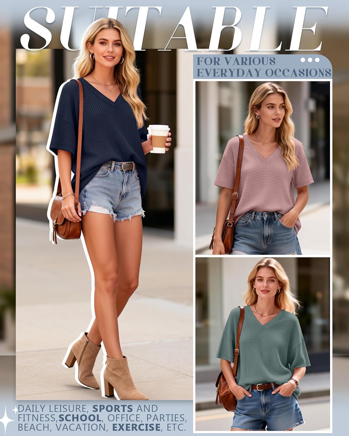 3 Pack Women Oversized T Shirts Waffle V Neck Half Sleeve Loose Fit Tees Summer Lounging Baggy Tops for Home - Image 2