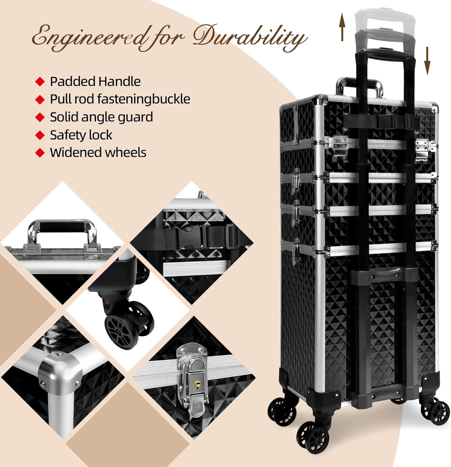 5 in 1 Rolling Makeup Train Case Professional Cosmetic Trolley Large Storage Organizer on Wheels for Hairstylist Artist Nail Beauty Salon Barber Black