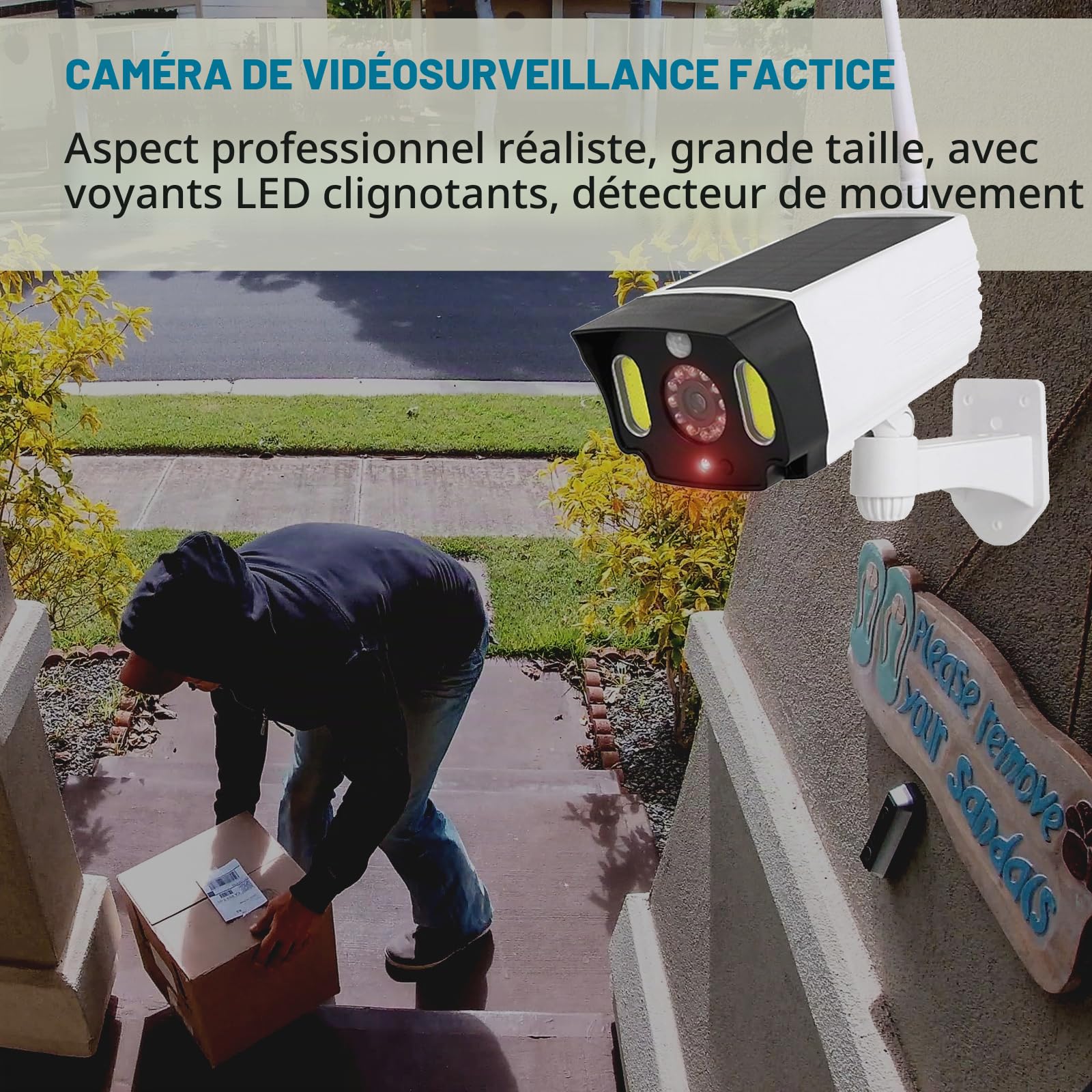 Justop - Caméra de vidéosurveillance factice, alimentée par panneau solaire, avec projecteurs de sécurité LED et détecteur de mouvement PIR, étanche pour usage extérieur - Blanc
