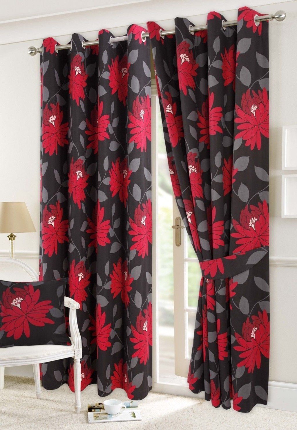 Hendem Tradings® Ring Top Curtains Thick Poly-Cotton Floral Print Eyelet Lined Pair Curtain (Seren Black, 66" x 54")