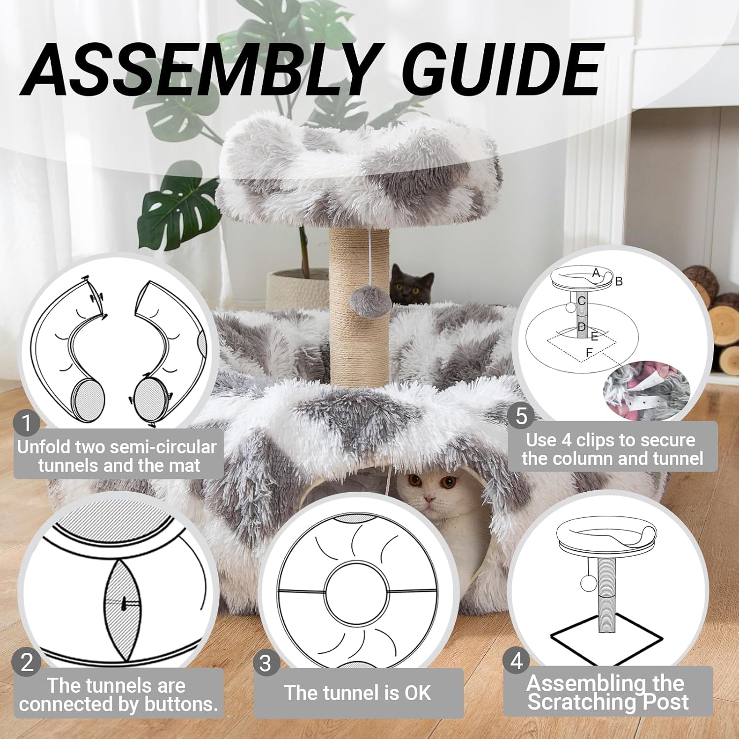 LUCKITTY 2 in 1 Cat Donut Tunnel & Scratching Post Bed- Featuring with Soft Plush Perch, Sisal-Covered Scratch Posts and Hanging Balls, Great for Kittens and Cats, Grey & White Diamond Pattern