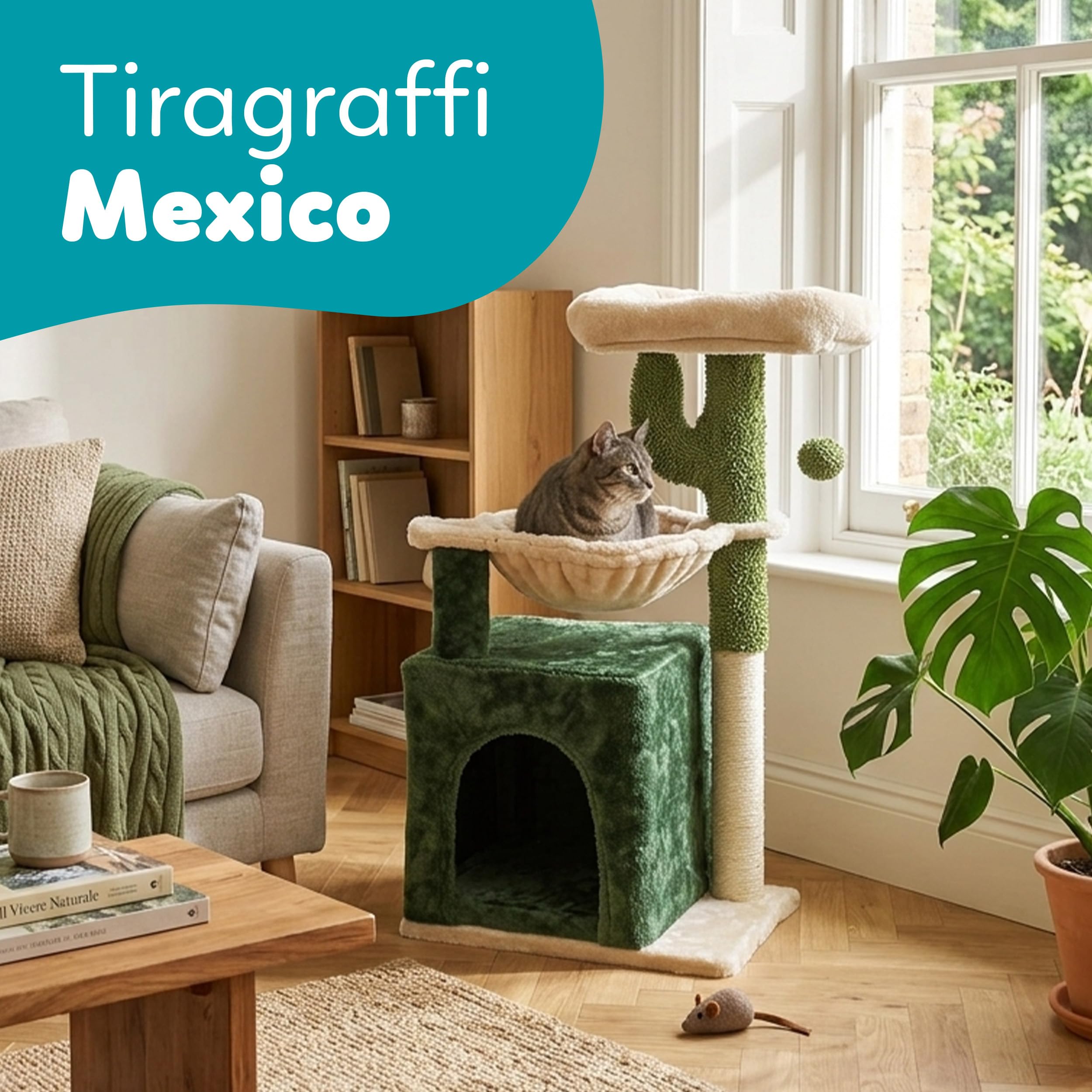 Aqpet Tiragraffi con Cuccia e Amaca in Sisal e tessuto, Alto 75 cm per il massimo divertimento del tuo gatto, Colore Beige/Verde