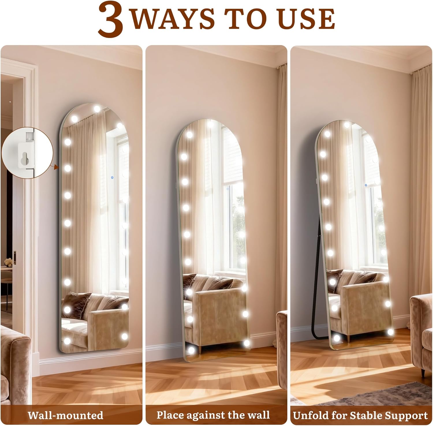 63"×20" Arched Hollywood Full Length Mirror, Standing/Leaning/Hanging Full Body Mirror with 19 Surrounding Lighted Bulbs, Floor Mirror with 3-Mode LED Lights for Bedroom and Living Room - Image 5