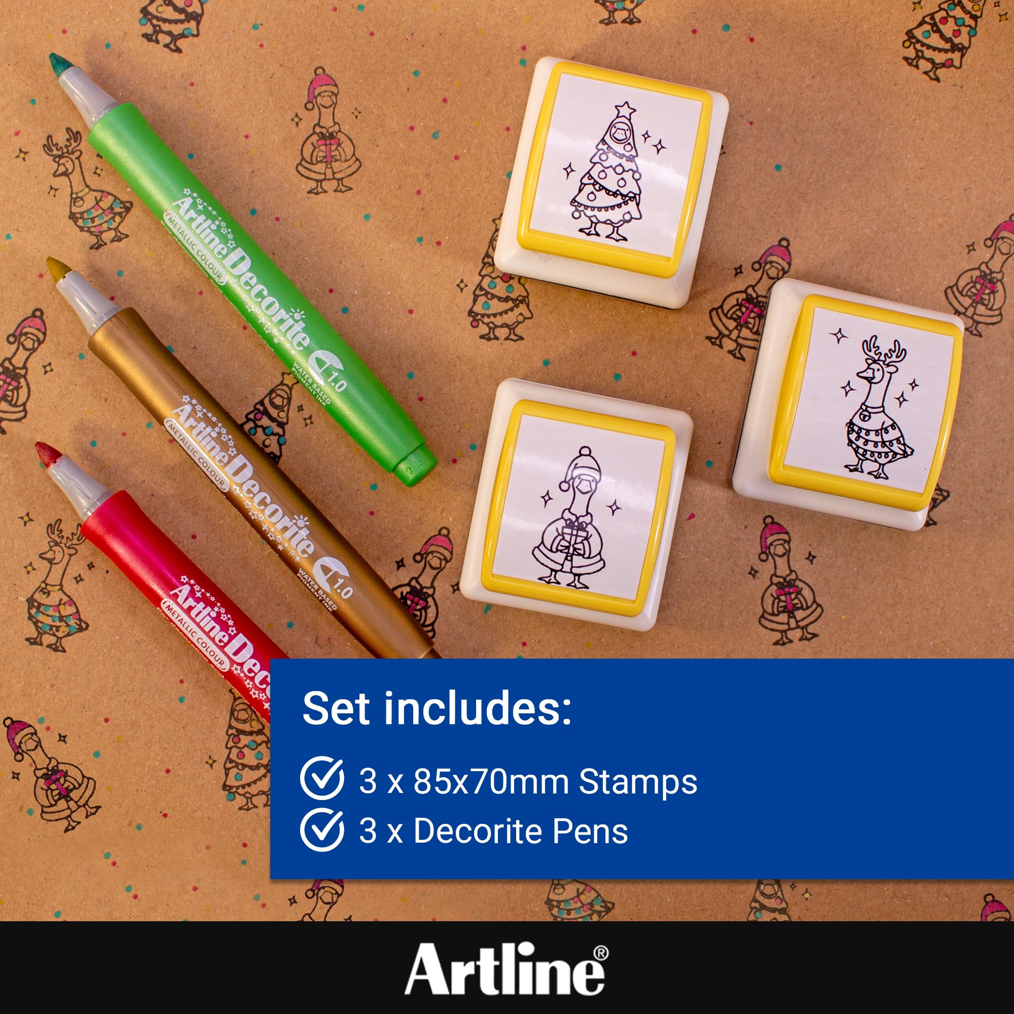 Artline Pre Inked Christmas Stamps and Decorite Pen Set (Goose on The Loose Set 2) 3X Red and Black Ink Stampers and 3X Colouring Pens for Christmas Crafts - Genuine Artline Art Supplies - Image 3