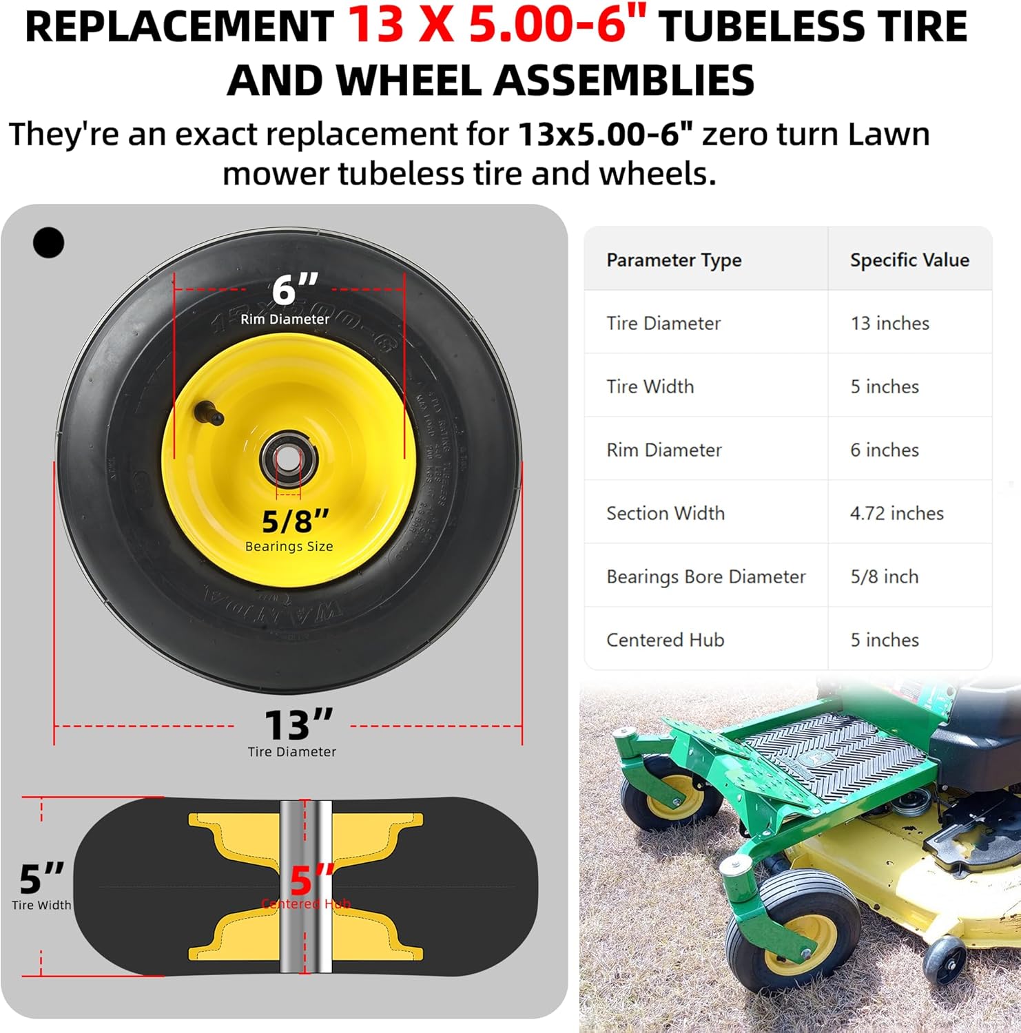 AR-PRO (2-Pack) 13x5.00-6 Tubeless Tire and Wheel Assembly, 5"-7.5" Centered Hub, 5/8" Bearings, Replacement Zero-Turn Riding Lawn Mower Tire, 4-Ply Straight Rib Tread 13 x 5.00-6" Tubeless(5/8Hole) Yellow(Rib Tread)