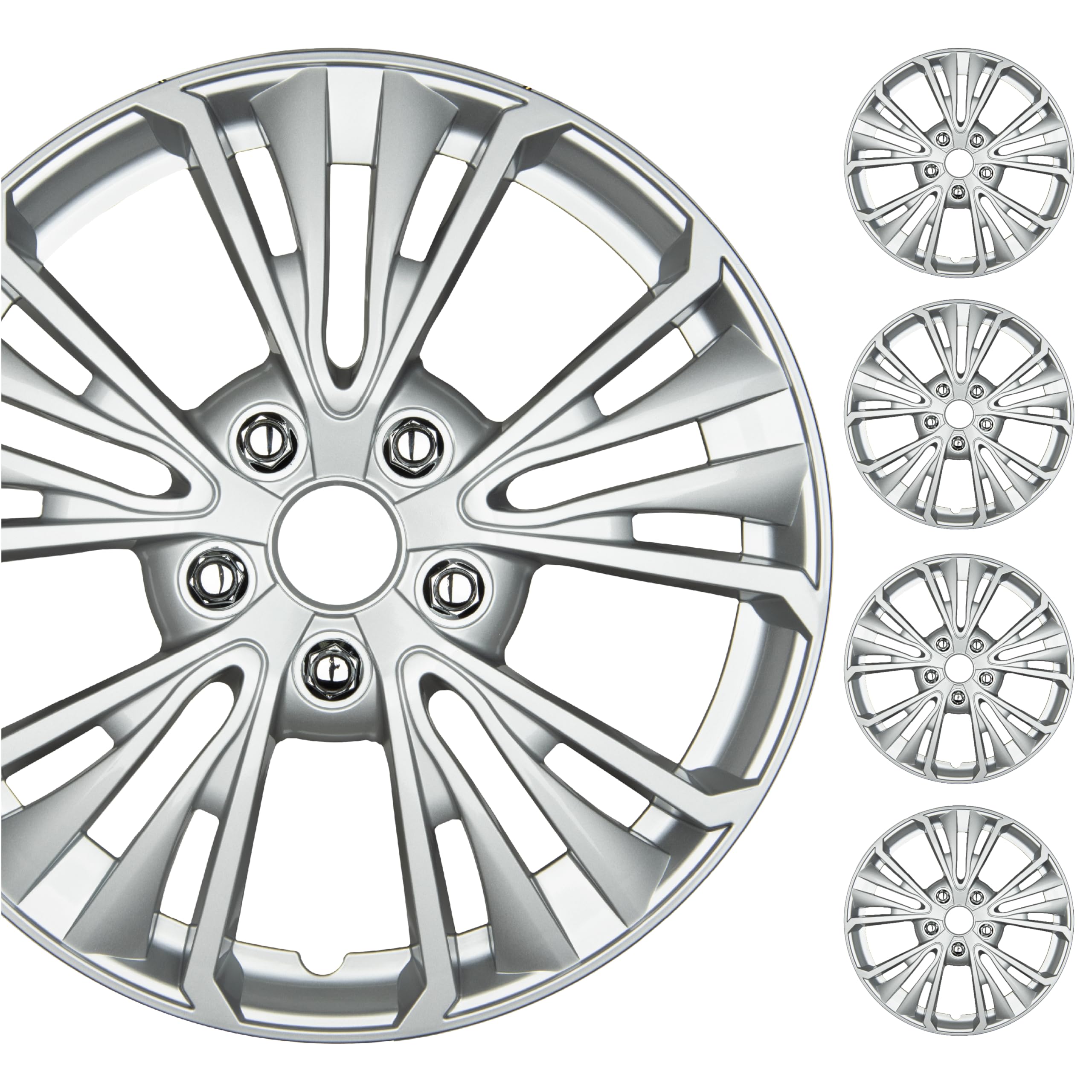 BDK 16 Inch Hubcaps Set of 4 – OEM Replacement Snap-On Wheel Rim Covers - Universal Fit Car Wheel Cover for Cars, Trucks, SUV, Vans Durable ABS 5-Spoke Silver Hub-Cap Car Accessories Exterior