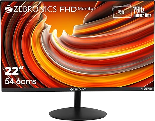 ZEBRONICS 22 inch 75Hz Monitor with FHD 1080p, Free sync Support, HDMI, VGA, 250 Nits max, 16.7M Colors, Built-in Speakers and Slim Bezel Less…