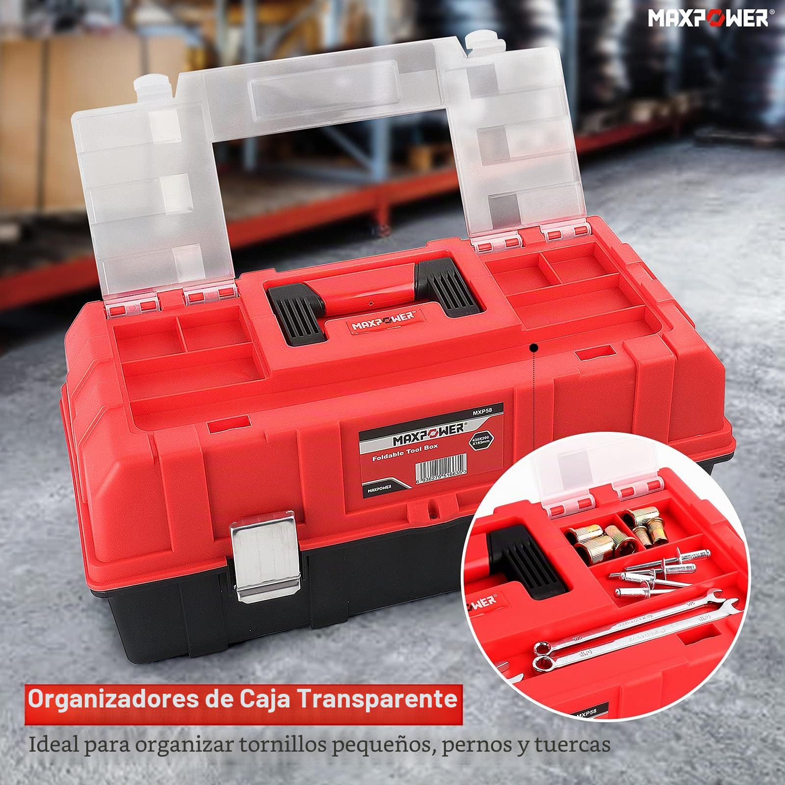 Caja de Herramientas Vacía, MAXPOWER 42 x 16,5 x 17 cm Caja Herramientas Plegable Plastico de Almacenamiento Organizador con Bandeja de Tres Capas y Divisores