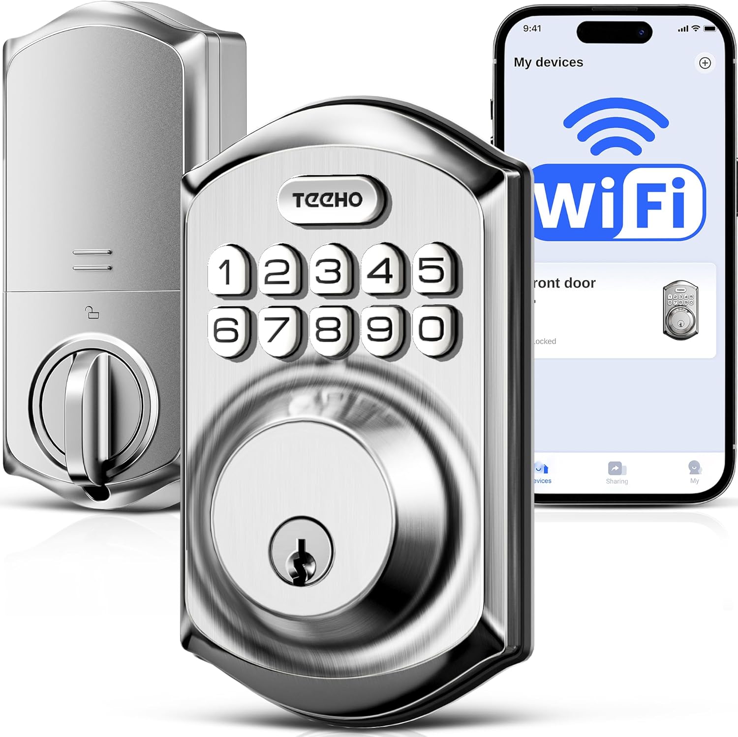 TEEHO TE011W Wi-Fi Keyless Entry Door Lock with Keypad - Smart Deadbolt Lock for Front Door with 2 Keys - Remote Control, Compatible with Alexa & Google, APP Unlock - Easy Installation - Satin Nickel