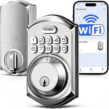 TEEHO TE011W Wi-Fi Keyless Entry Door Lock with Keypad - Smart Deadbolt Lock for Front Door with 2 Keys - Remote Control, Compatible with Alexa & Google, APP Unlock - Easy Installation - Satin Nickel