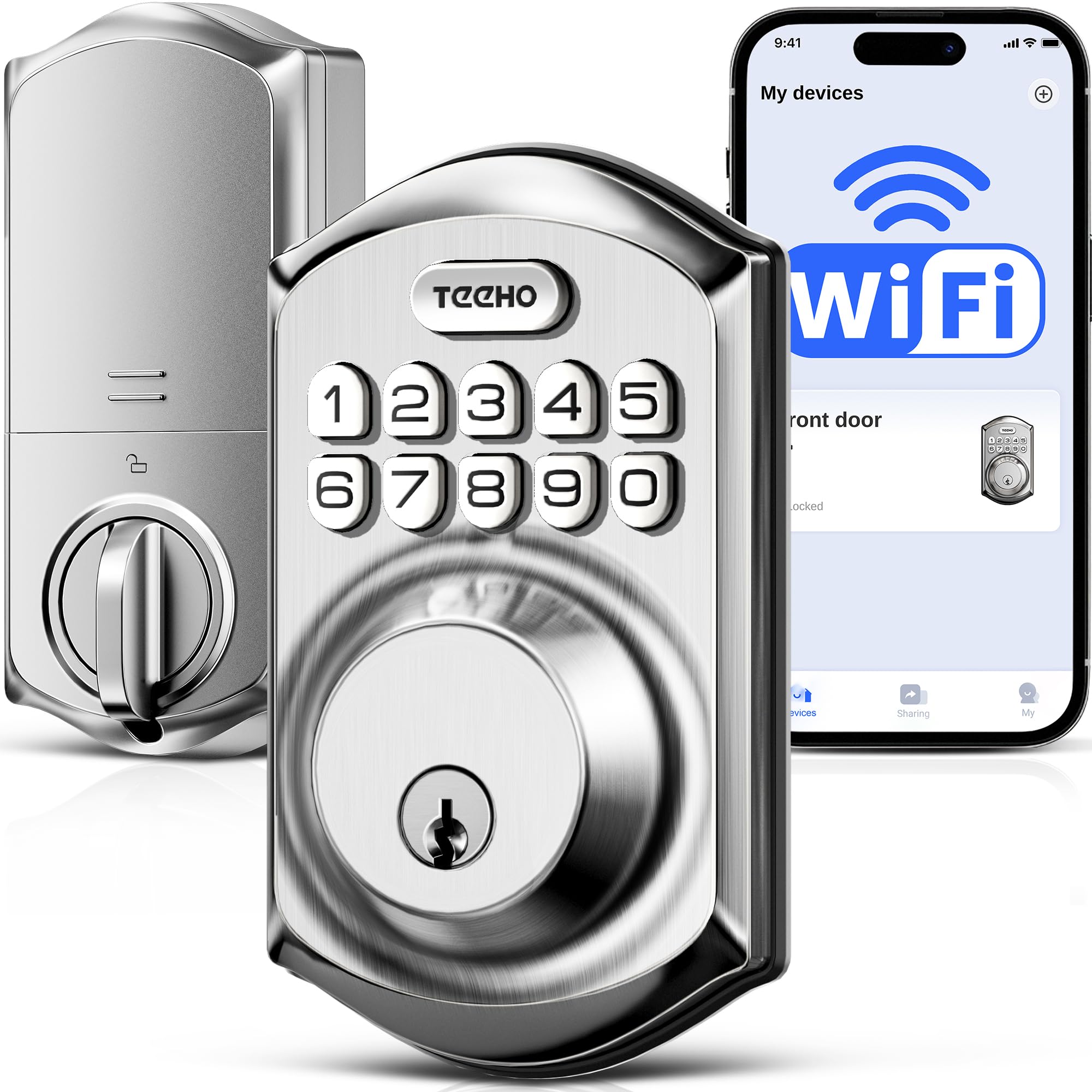 Photo 1 of TEEHO TE011W Wi-Fi Keyless Entry Door Lock with Keypad - Smart Deadbolt Lock for Front Door with 2 Keys - Remote Control, Compatible with Alexa & Google, APP Unlock - Easy Installation - Satin Nickel