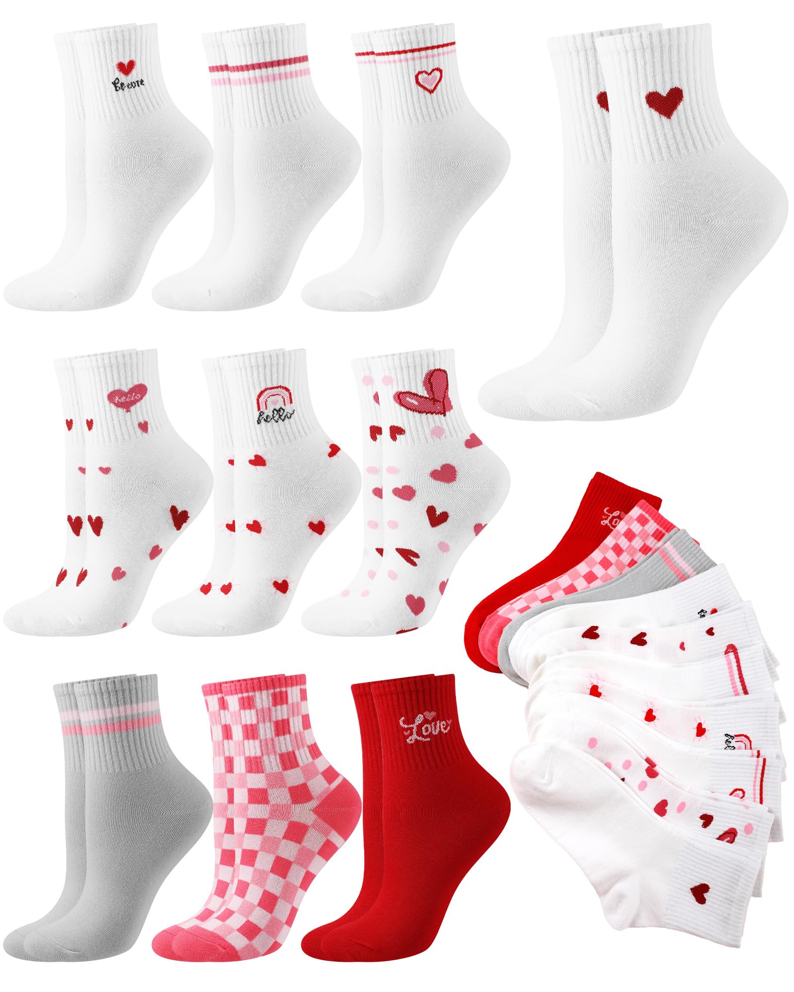10 Pairs Valentines Day Socks Women Heart Cotton Ankle Socks Novelty Valentines Gifts for Her, Cute Soft Red White Heart Pattern Striped Plaid, 10 Styles-image-33