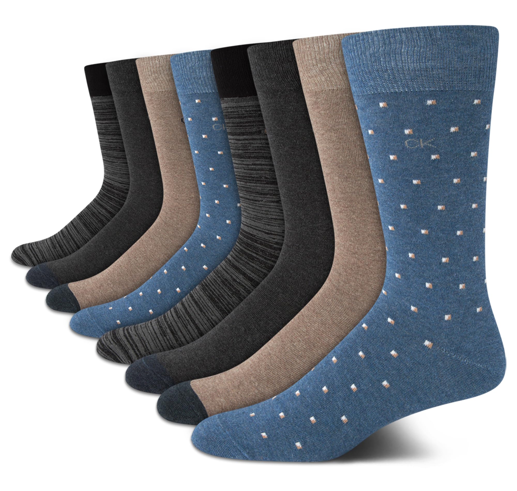 Calvin Klein Calcetines de vestir para hombre, calcetines ligeros de mezcla de algodón (paquete de 8), Azul/marrón multicolor, 7-12