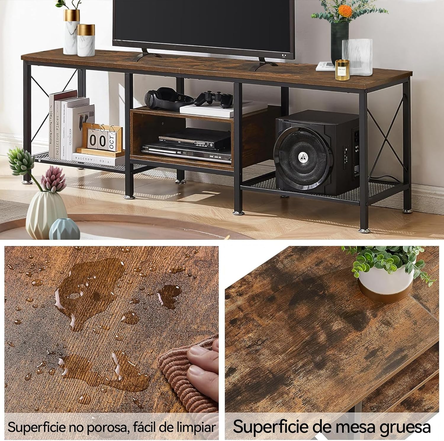 Close-up of the TV stand's surface with water droplets