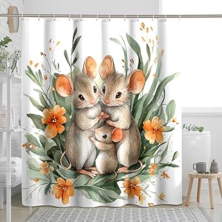 Spring Funny Mouse Family Shower Curtain, Flower Plant Shower Curtains for Bathroom, Rats Animal Bath Pattern Decor Accessories Set -72 Inch