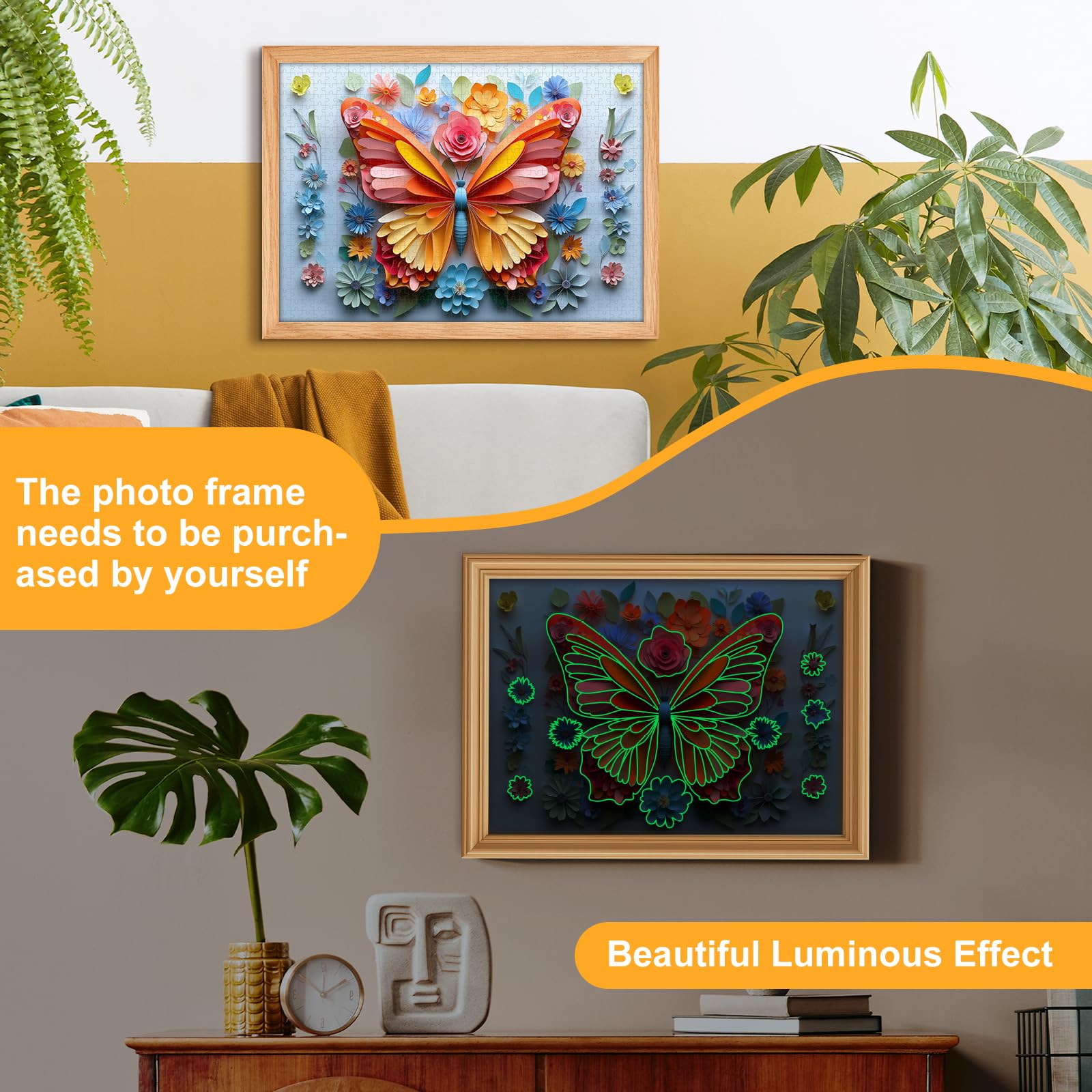 1000 Piece Puzzle for Adults Butterfly Noctilucous Jigsaw Puzzles - Challenging 3D Puzzles Stunning Flower Art Wall Decor, Gift for Adult Puzzle Lovers (27.5x19.6 Inch)