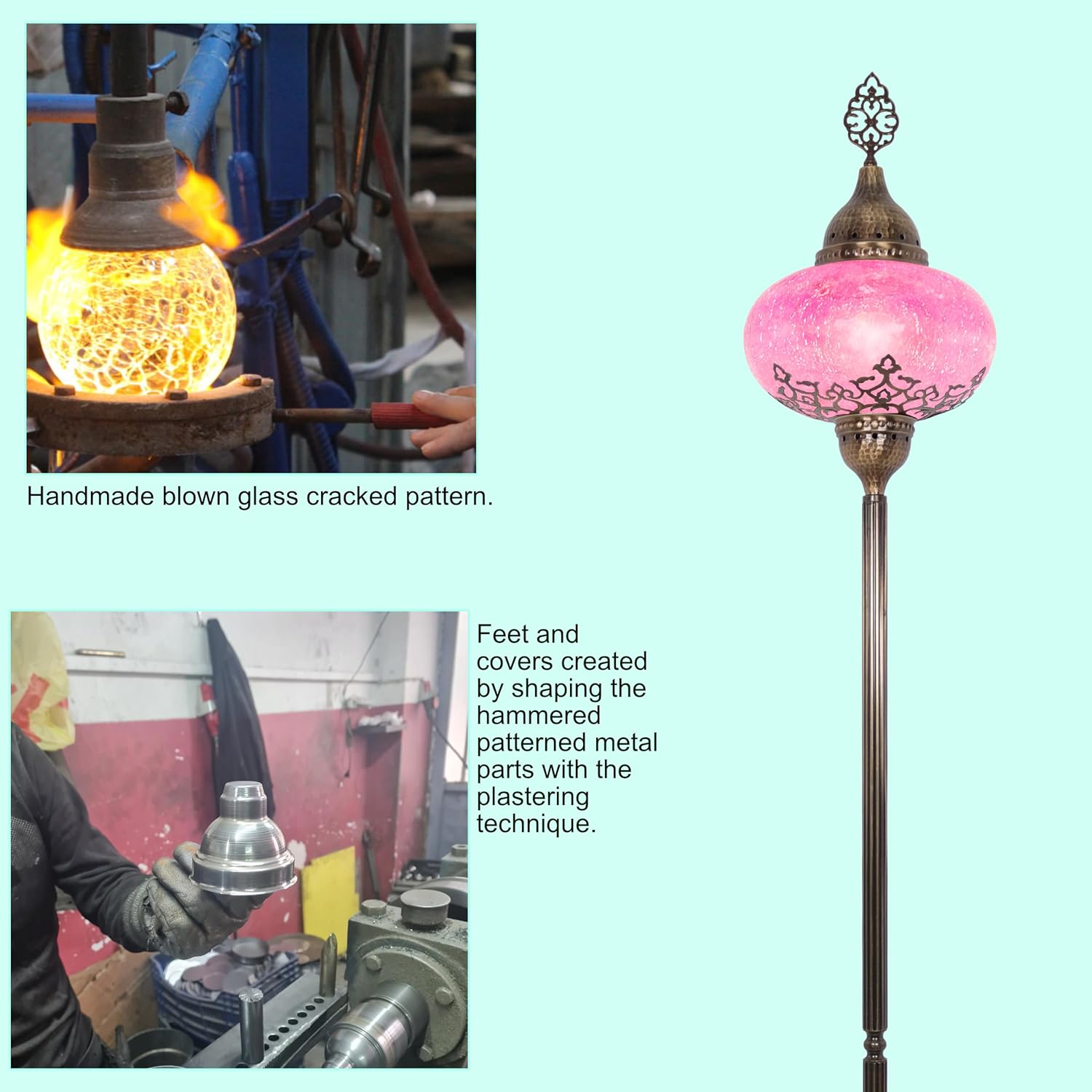 Turkish Floor Lamp - Cracked Pattern Glass Standing Lights - Boho Vintage Design - Stained Glass - Tiffany Style Floor Lamp - Moroccan Inspired - Unique Standing Light (Pink)