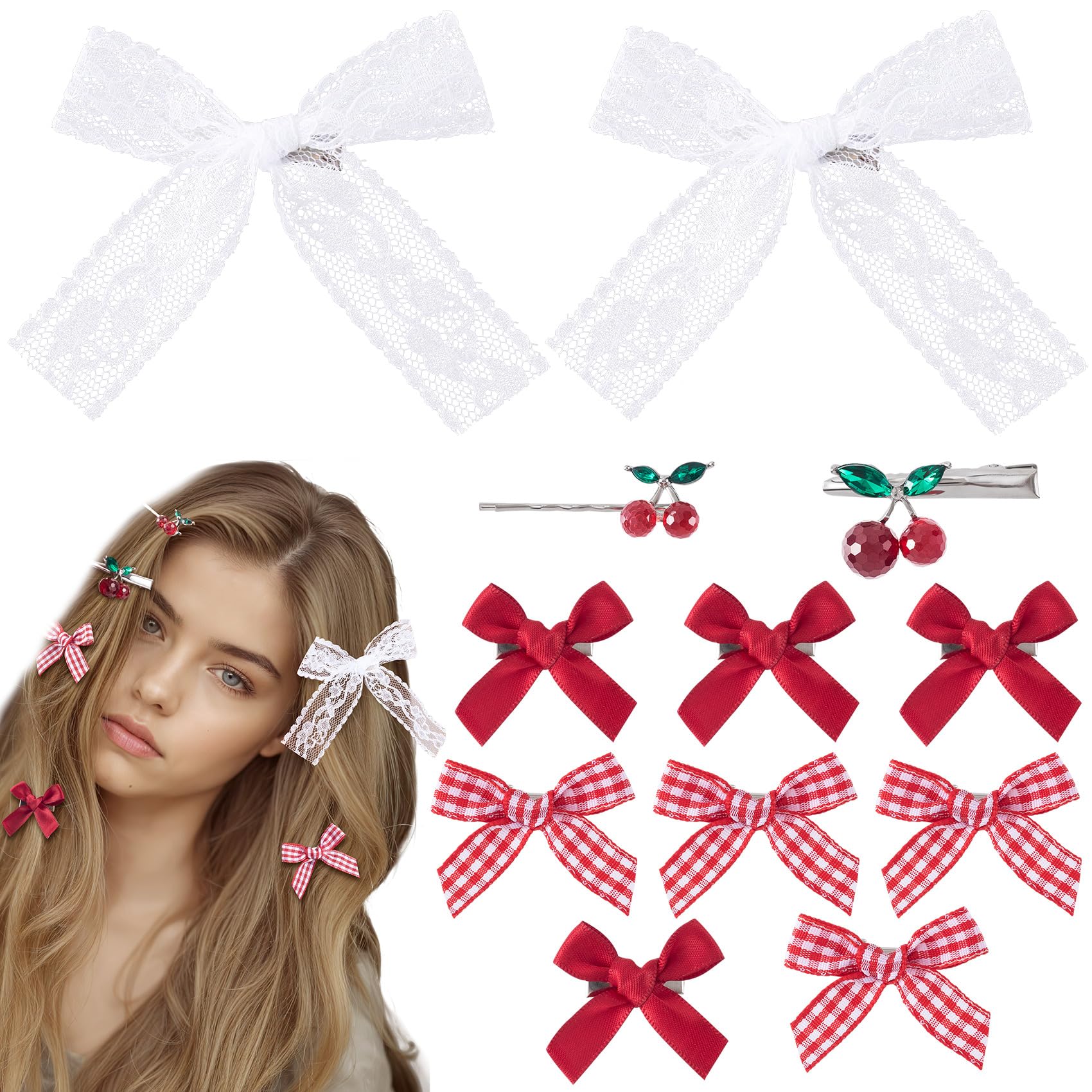 Alpinleux 12 Fermagli Per Capelli Y2K Con Fiocco Rosso Ciliegia, Mini Fiocchi Per Capelli In Pizzo, Forcine Per Capelli A Quadretti, Graziose Mollette Per Capelli Da Donna-image