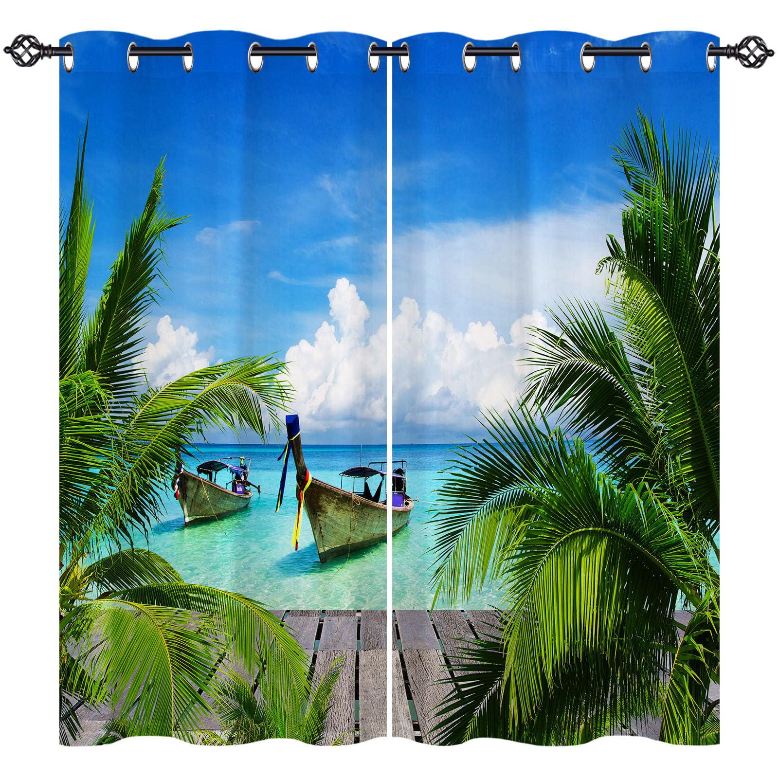 ANHOPE Beach Curtains Eyelet Ring Top Soft Thermal Insulated Blackout Curtains Tropical Ocean Boat Palm Tree Print Pattern Decorative Window Drapes for Bedroom Living Room 46 x 63 Drop Inch 2 Panels — image 1