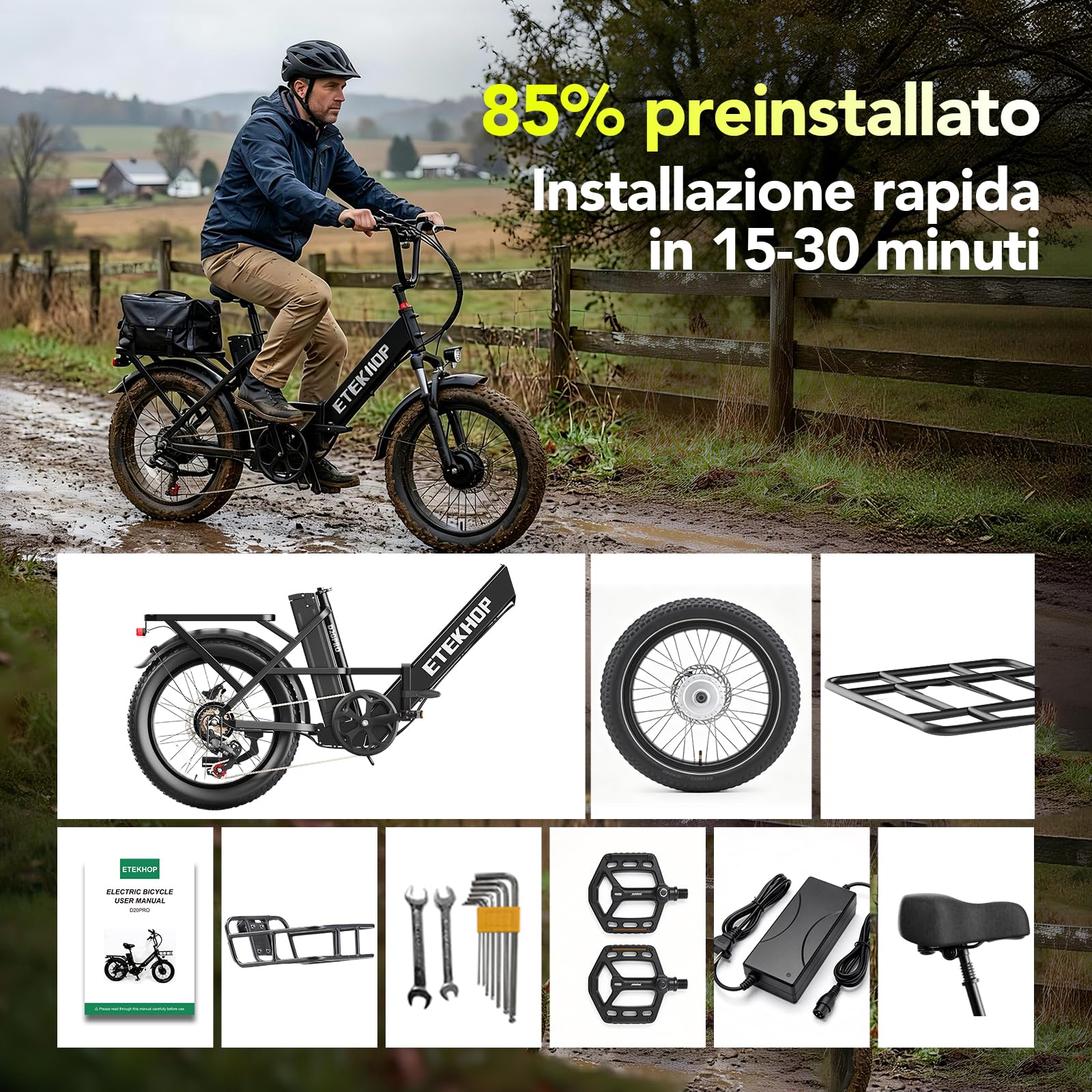 D20PRO Adult Electric Bicycle is Equipped with Single and dual 36V 20A/42.4Ah Removable Batteries, 20 x 3.0 Inch Wide Tires, and Hydraulic Brakes