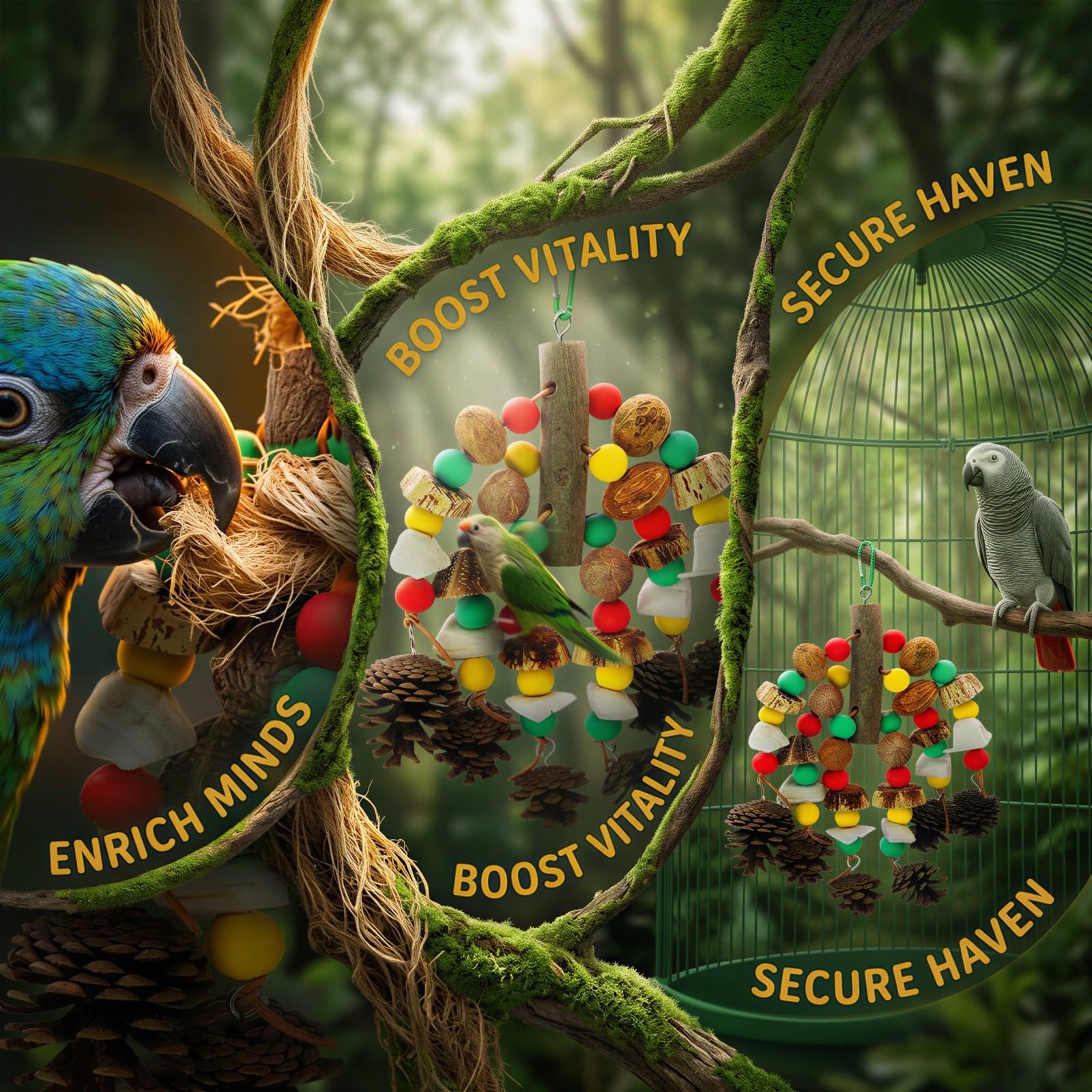 Jouets pour perroquets, jouet à mordiller en bois naturel pour cage, 11,81 x 8,66 po, avec os de seiche et pommes de pin, accessoire à suspendre pour oiseaux, pour cacatoès et perroquets gris
