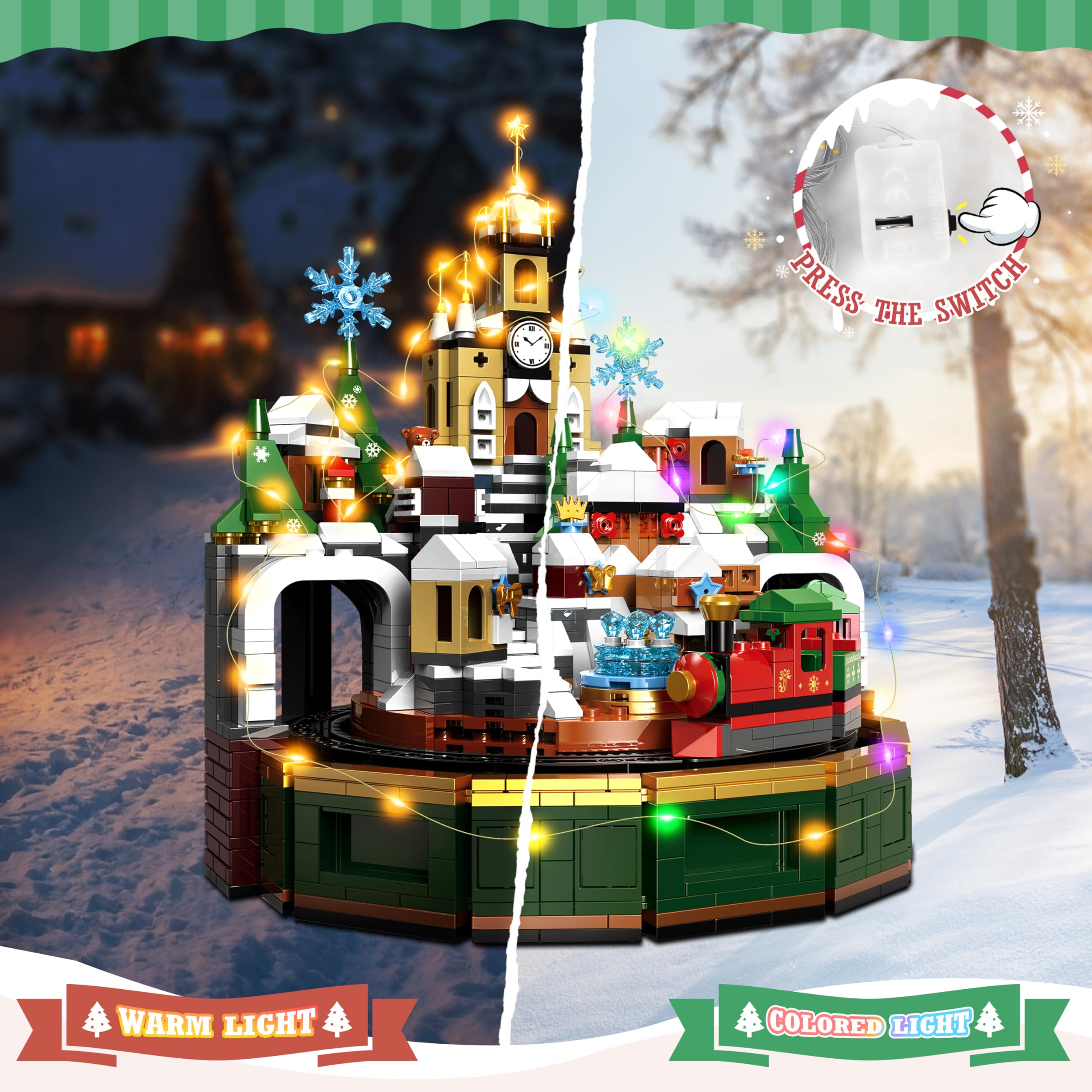 Charmofun Set di Costruzione castello di Natale con Luci e Musica, Kit di Costruzioni con Montagne Russe e Castello di Natale, Set di Costruzioni Natalizie per Adulti e Bambini Anni 8 +
