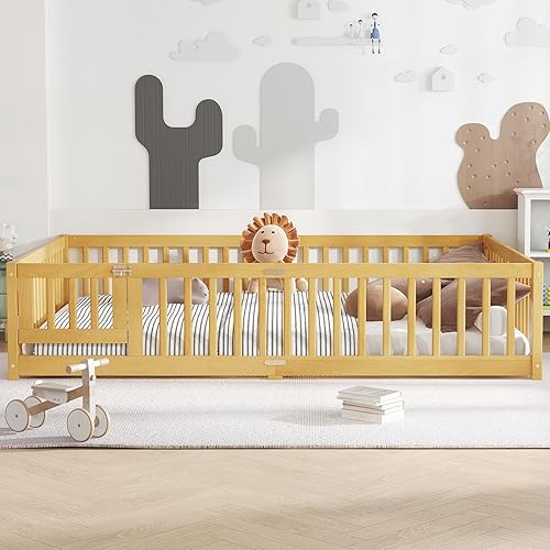 Miniatura 3 de Cama de suelo de tamaño individual con rieles, cama Montessori de madera tamaño individual con listones de soporte, marco de cama individual para