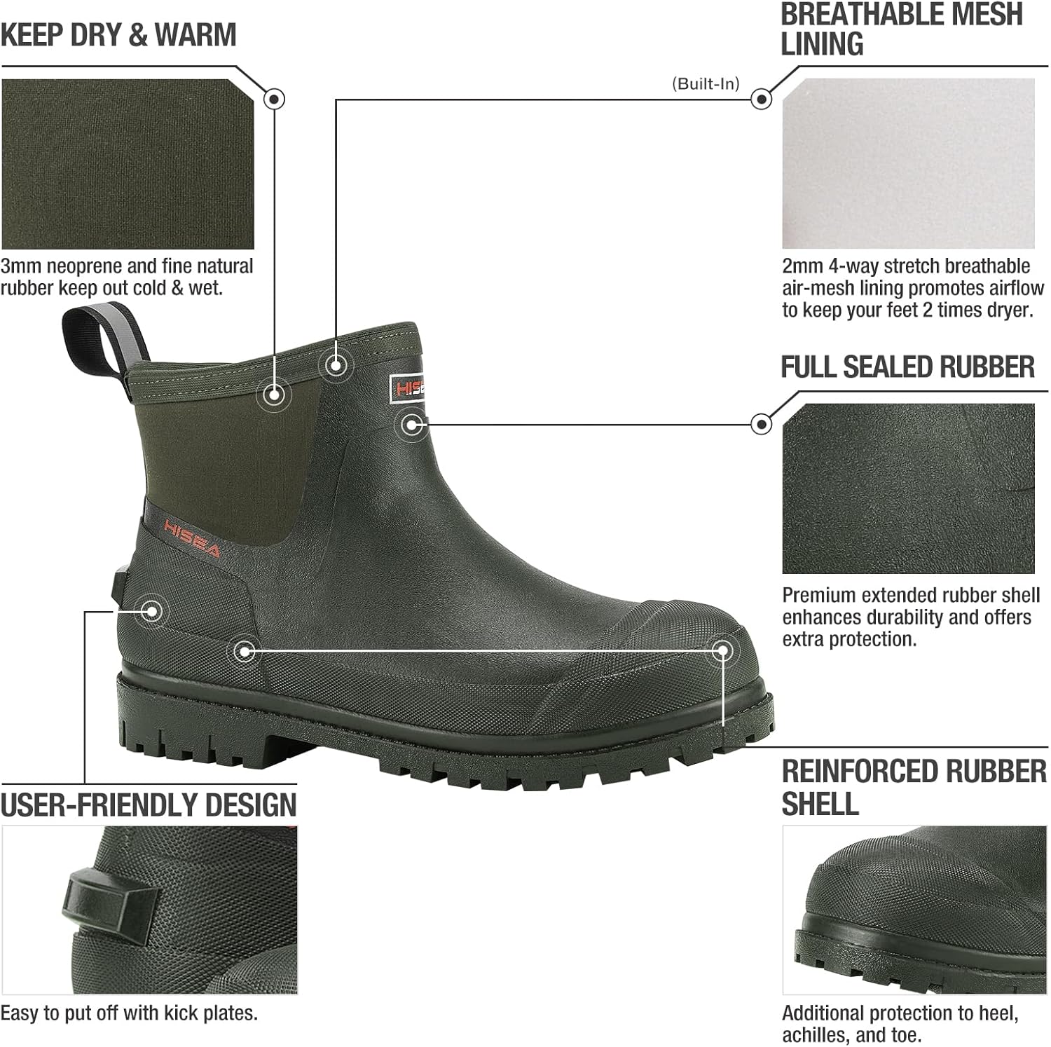 HISEA Men's Chelsea Rain Boots, Rubber Ankle Short Boots for Men Waterproof, Durable Insulated Mud Booties for Outdoor Garden Work - Image 5