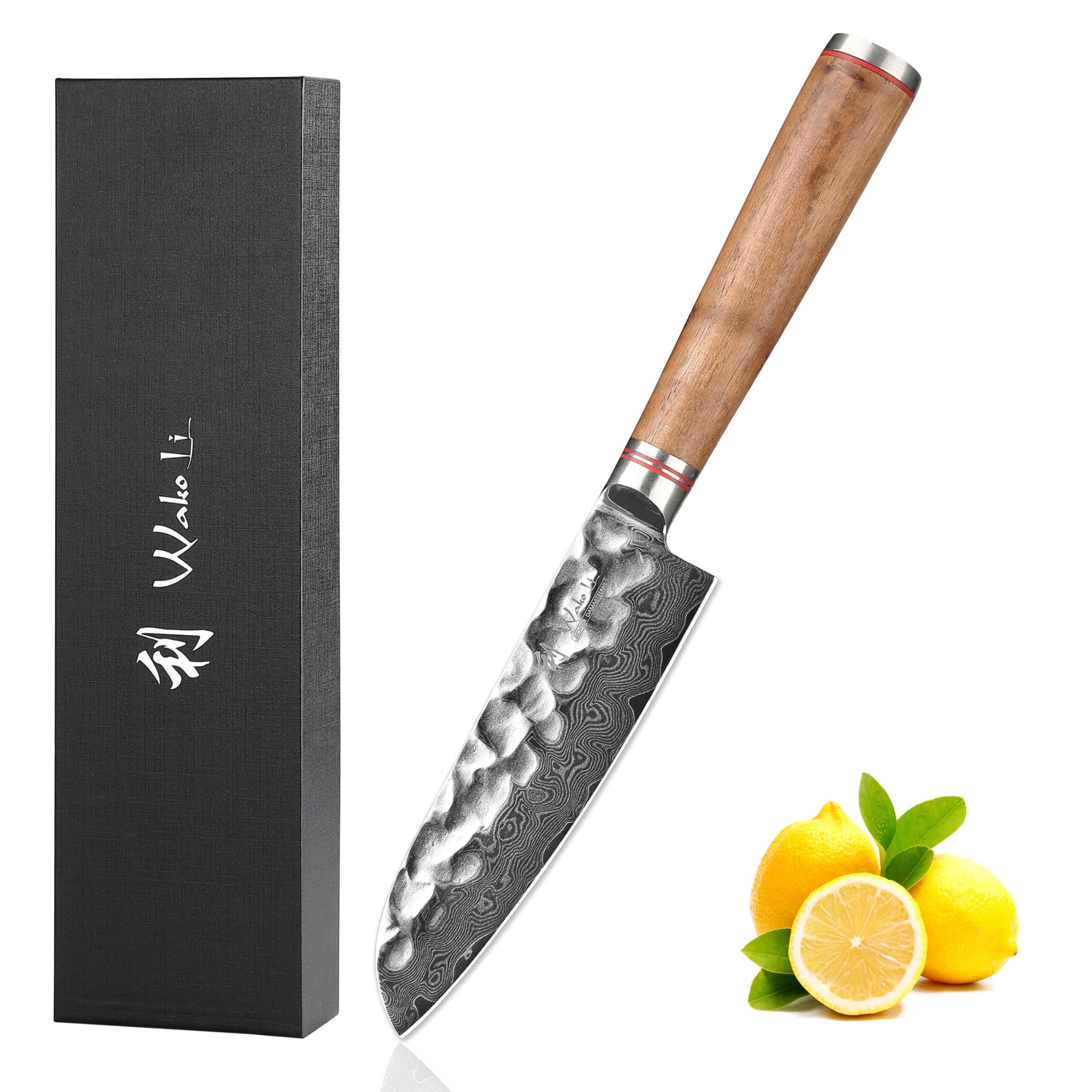 Wakoli Nussbaum Santoku mit 12 cm Klinge, 67 Lagen Damaststahl, VG10 Kern