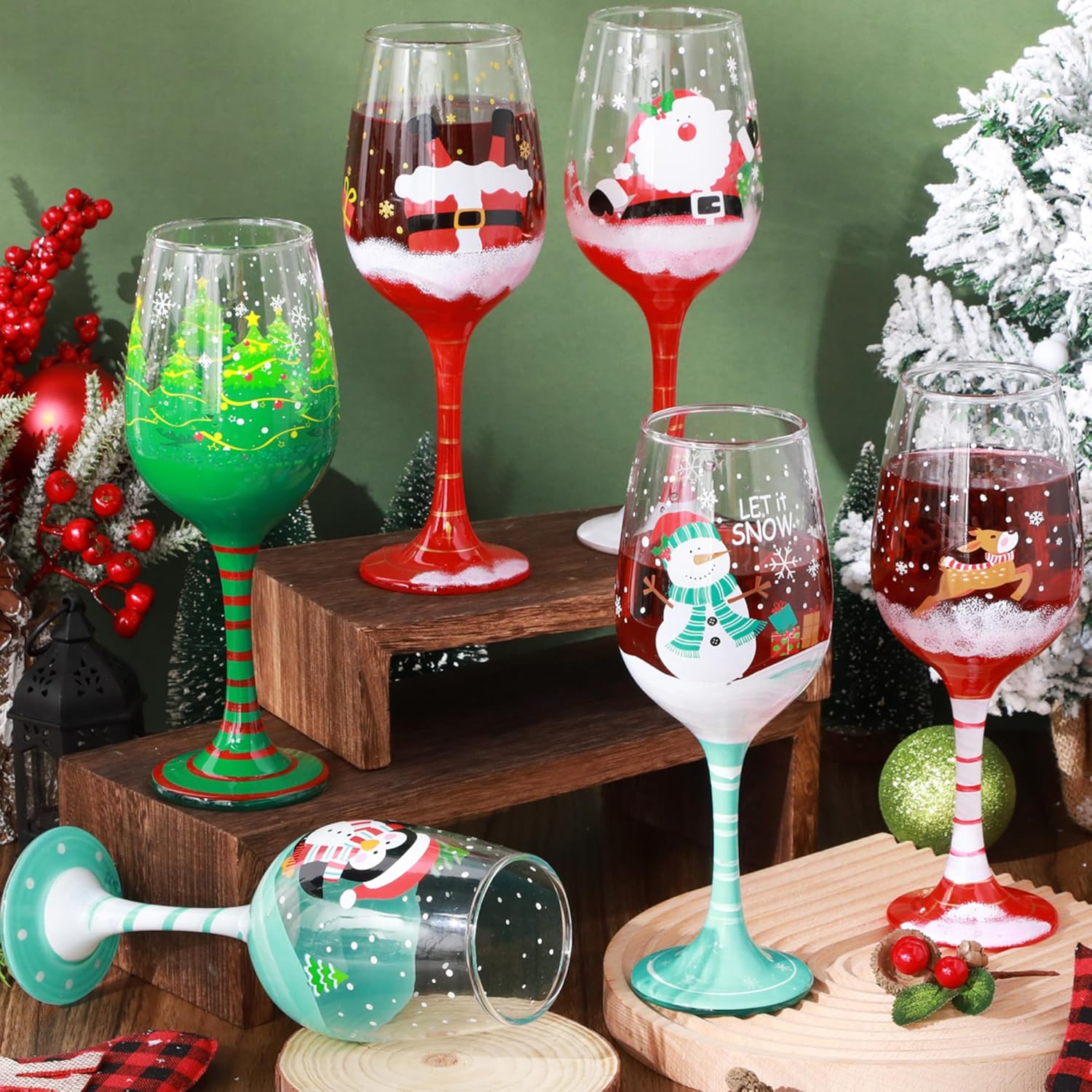 Boao Set of 6 Christmas Wine Glasses 14.9oz Festive Santa Snowman Christmas Tree Drinking Goblets Cups Painted Xmas Gift Winter Wine Glassware for Party Wedding Holiday(Red,Green,Santa)