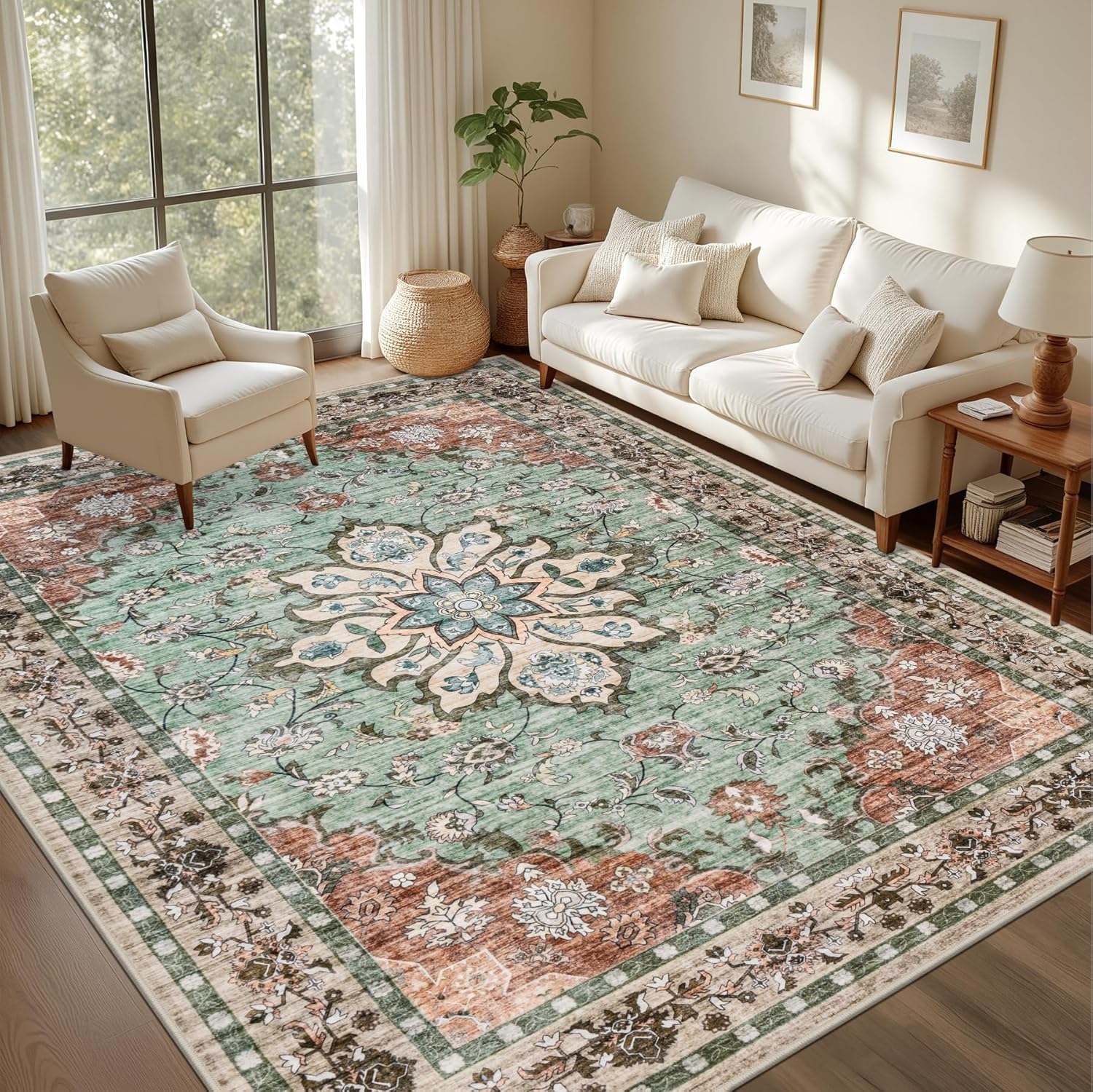 Grand tapis de salon oriental vintage rouge et beige 200 x 300 cm