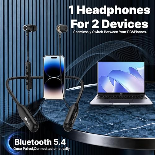 Miniatura 8 de Hmusic Auriculares Bluetooth H25 con banda para el cuello, batería de 200 horas de duración, auriculares inalámbricos Bluetooth 5.4, IPX5