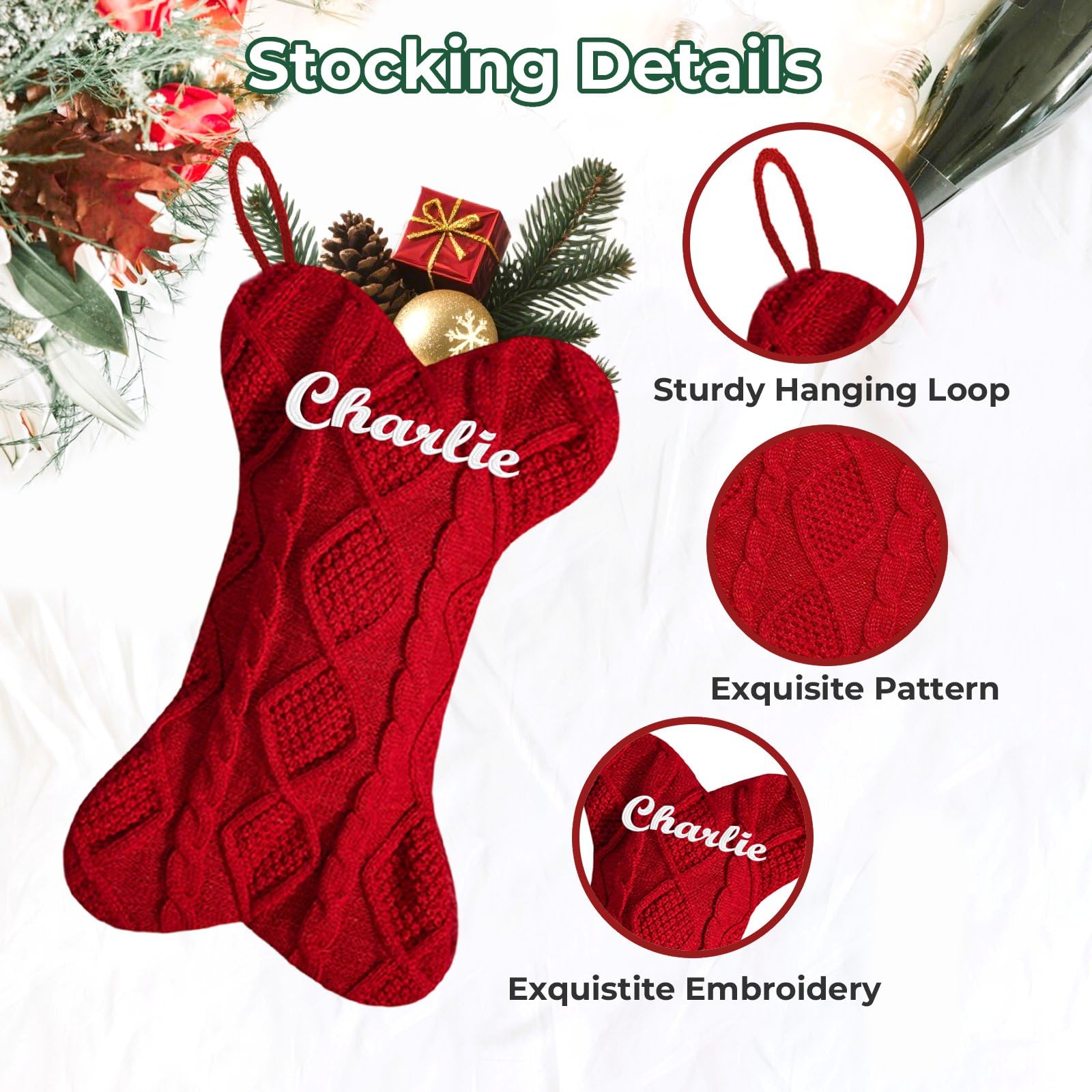 Lot de 8 grandes chaussettes de Noël tricotées en forme d'os avec nom amusant à faire soi-même - 41,9 cm - Pour cheminée, escaliers, maison, sapin de Noël