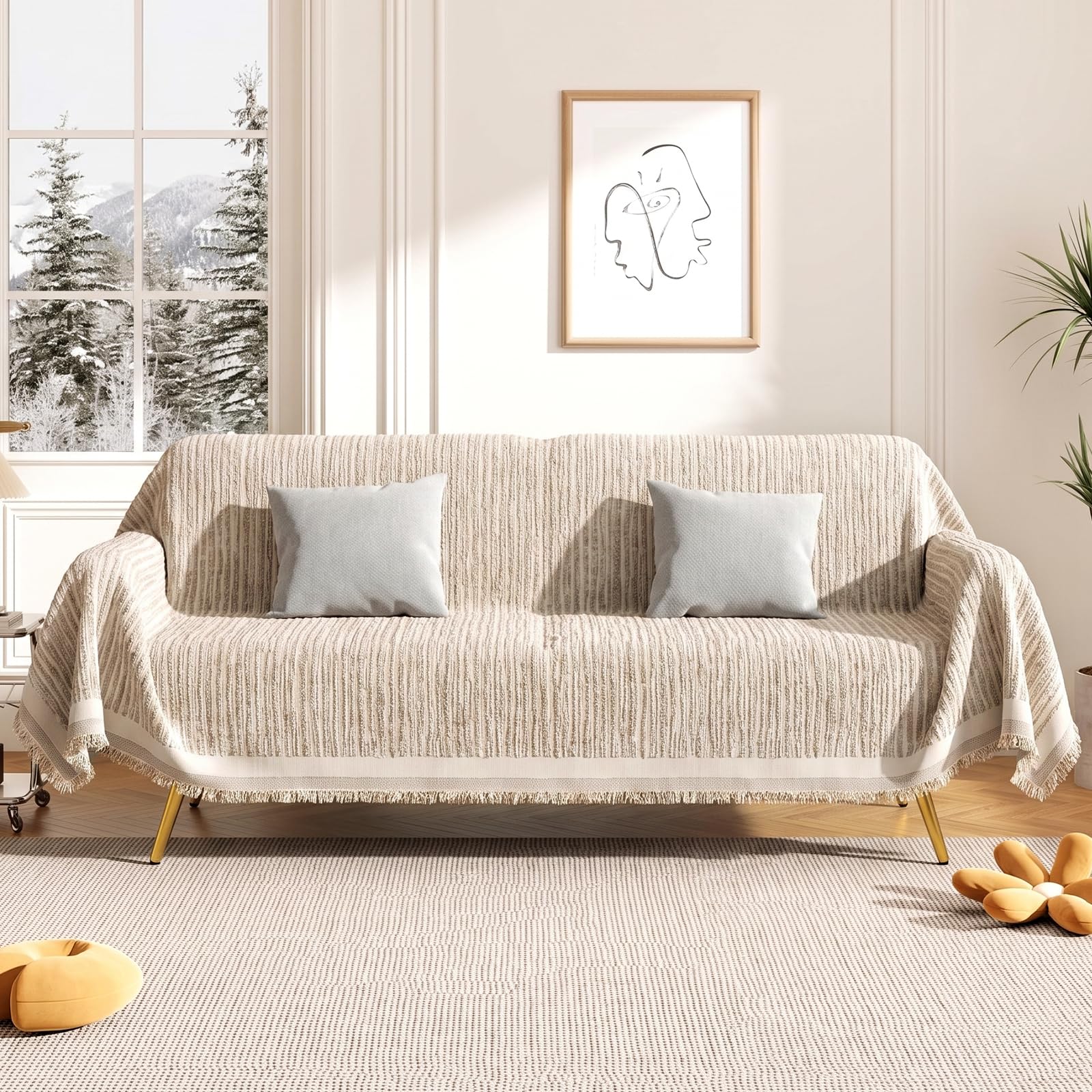 AZVFLY Boho Chenille Sofa Cover Breathable Pet Friendly (Khaki, 180 * 300)