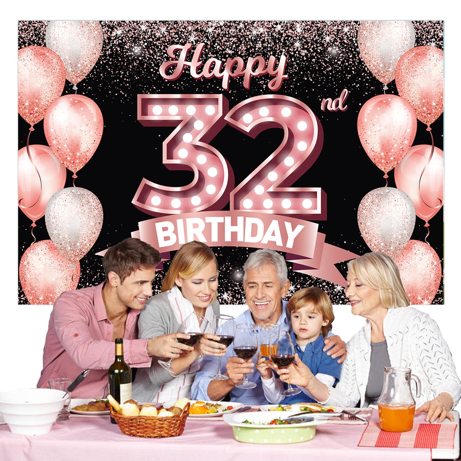 PAKBOOM „Happy 32nd Birthday“ Banner – 1,2 X 1,8 M Party-Deko Hintergrund In Schwarz-Gold | Für Fotoecke & Dessert-Tisch