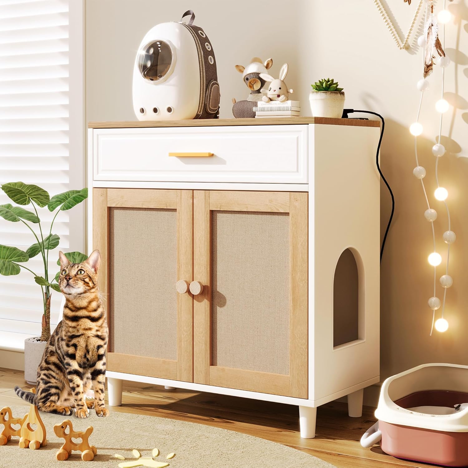 Cat Litter Box Enclosure, Dog Proof Hidden Litter Box Furniture with Charging Station, Cat Washroom Cabinet with Storage Drawer, Large Indoor Pet House with Scrathing Door, Beige White