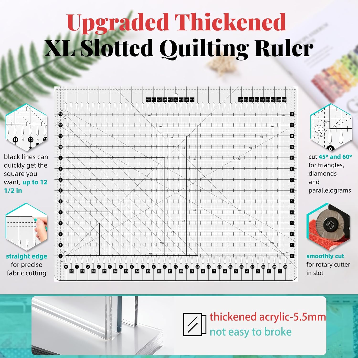 17-3/4 x 22" Quilting Rulers, XL Slotted Quilting Ruler, Durable Acrylic & Precise, Slotted Ruler for Quilting, Ideal for Sewing Strips Cuting Fabric, 5 in 1 Quilt Cutting Template