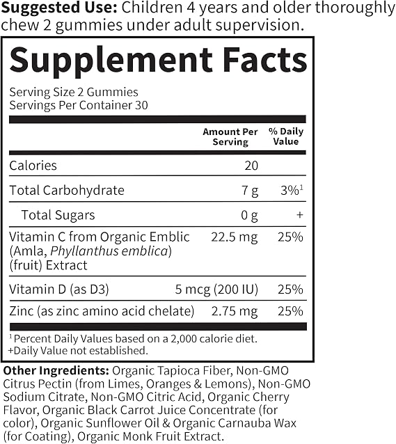 Garden of Life Kids Immune Support Gummies with Vitamin C, D as D3 & Zinc for 3-in-1 Daily Childrens Immunity Organic, Non-GMO, Gluten-Free, Vegetarian, Sugar Free, Cherry Flavor, 30 Day Supply