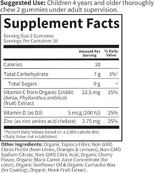 Garden of Life Kids Immune Support Gummies with Vitamin C, D as D3 & Zinc for 3-in-1 Daily Childrens Immunity Organic, Non-GMO, Gluten-Free, Vegetarian, Sugar Free, Cherry Flavor, 30 Day Supply
