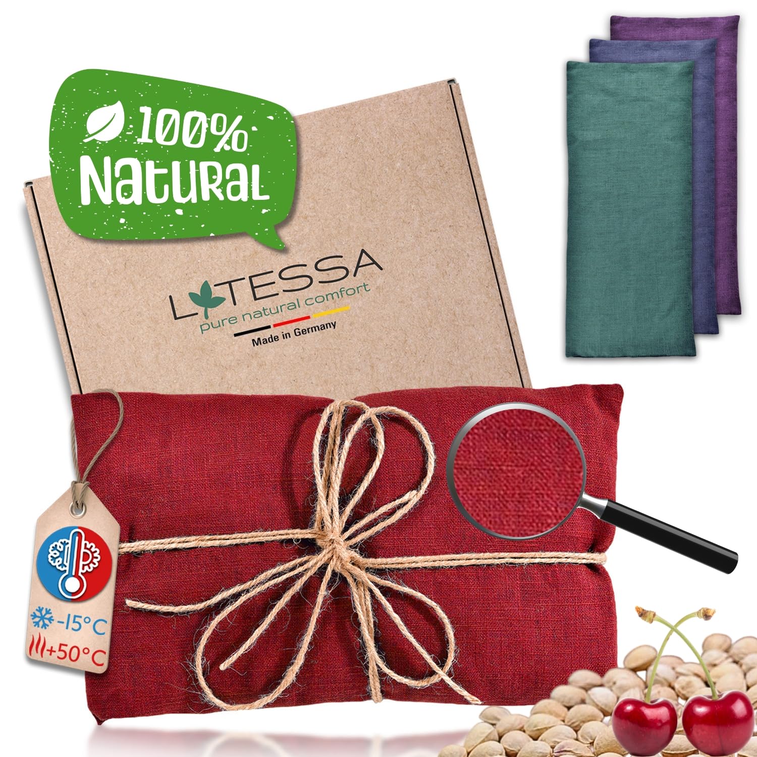 Cuscino Termico In Lino Con Noccioli Di Ciliegia – Fatto A Mano In Germania, 550g, 35x15cm