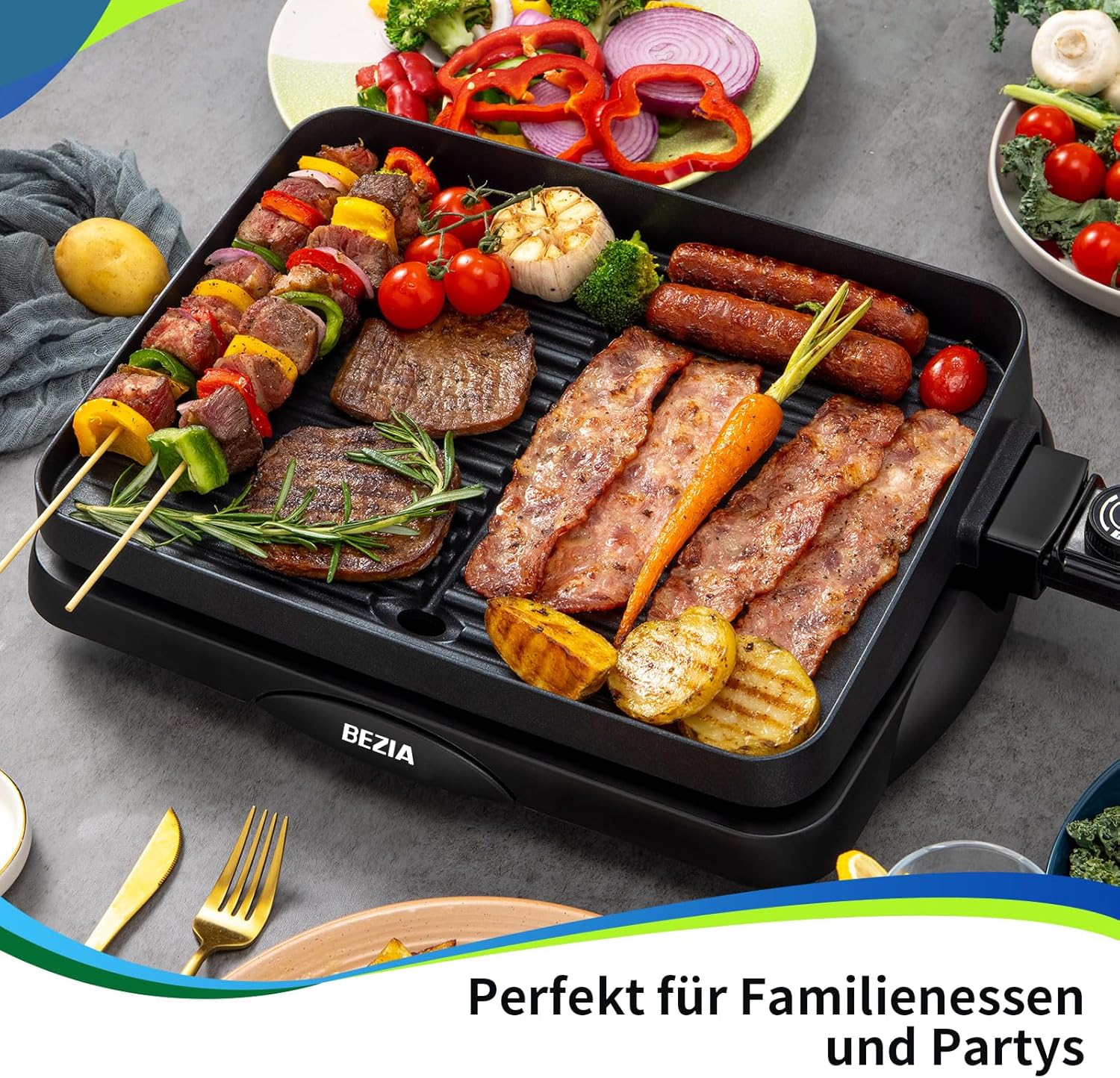 BEZIA Griglia elettrica da tavolo, griglia per feste, termostato regolabile, vassoio raccogli grassi, cottura lenta e veloce nera BEZIA Griglia elettrica da tavolo, griglia per feste, termostato regolabile, vassoio raccogli grassi, cottura lenta e veloce nera