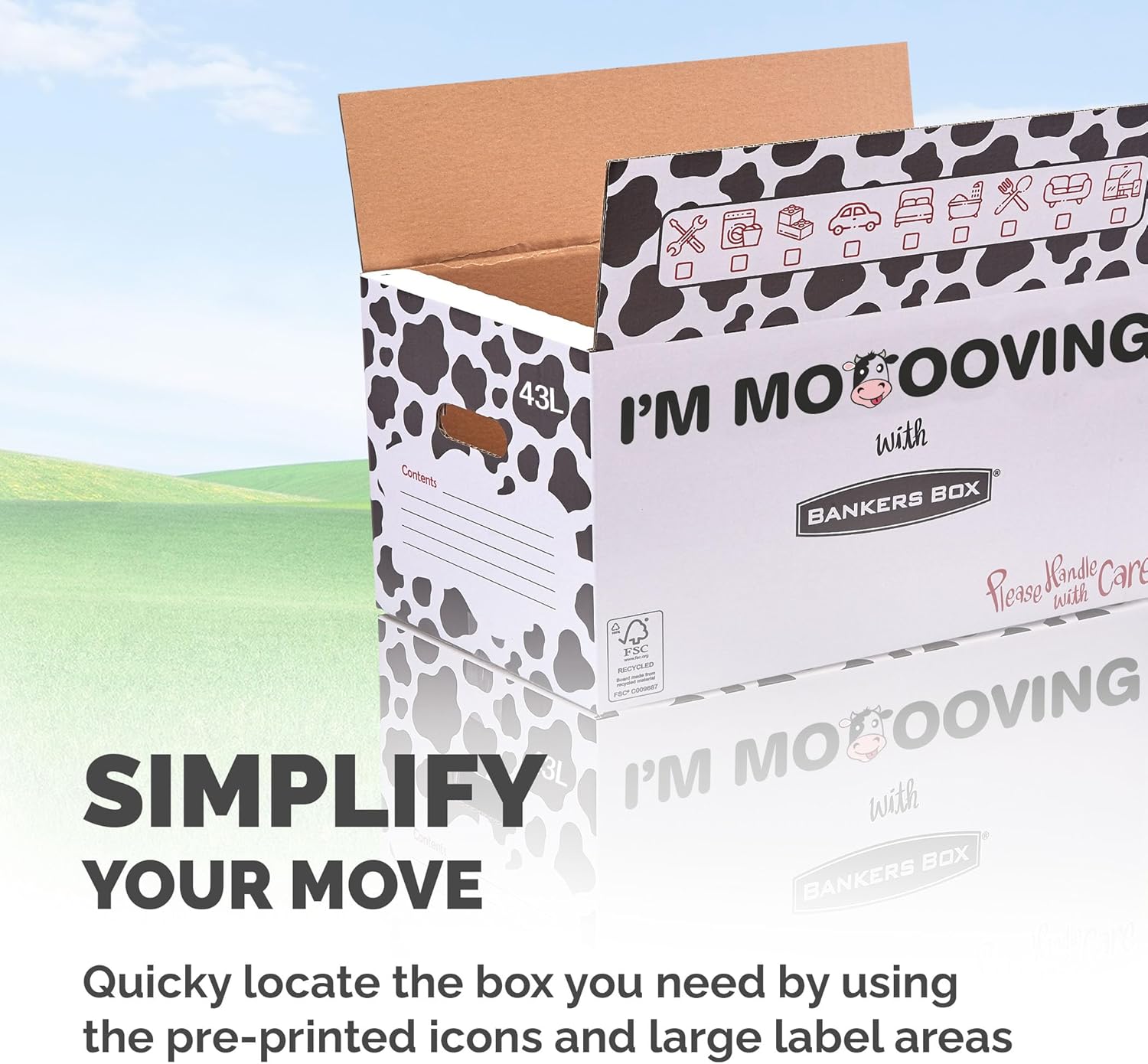 15 BANKERS BOX Strong Moving Boxes, 43L Cardboard Boxes, Packing Boxes for Moving House with Handles, 51cm × 29cm × 29cm (Pack of 15), Cow Print
