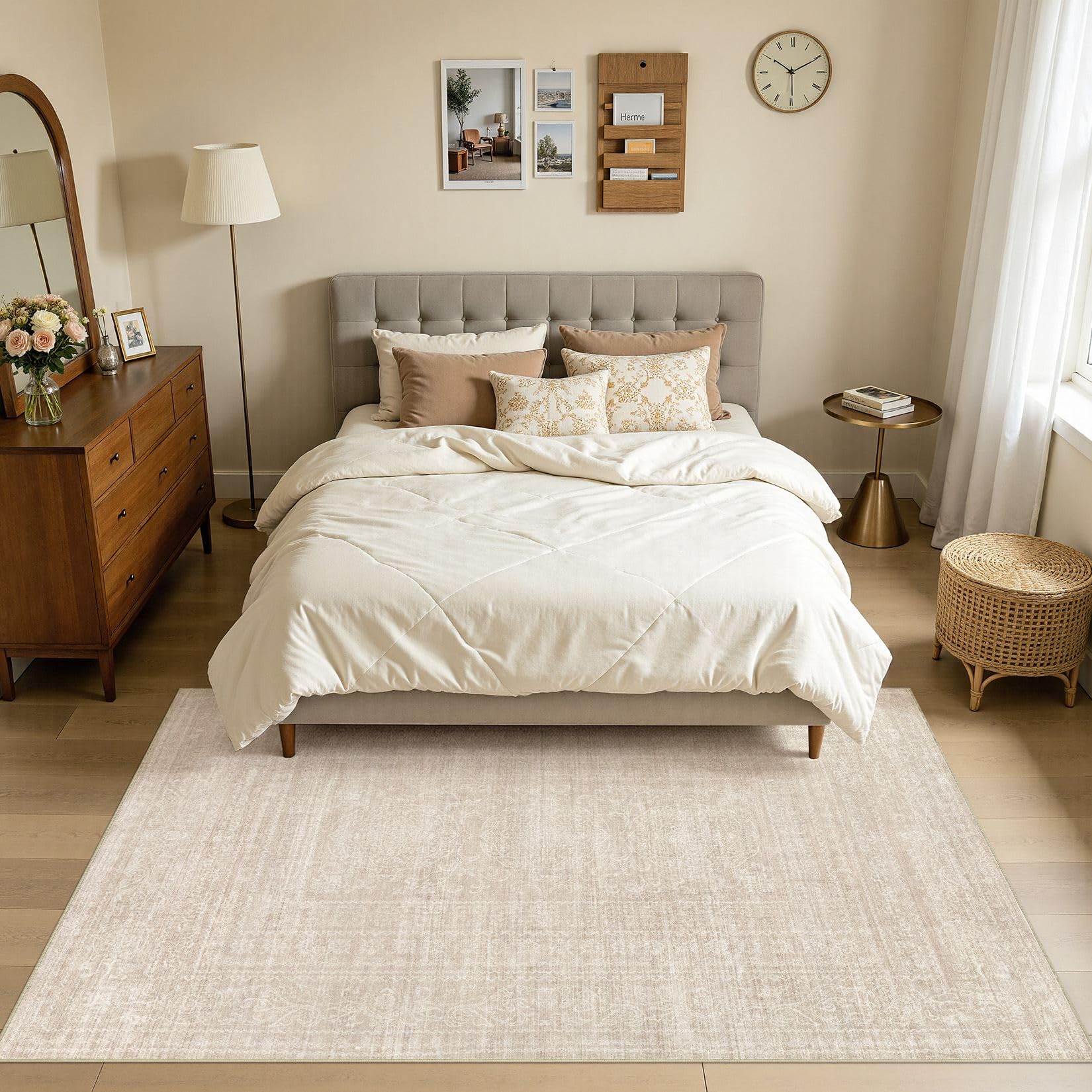 DMOYEST 160x230 Teppich Wohnzimmer Beige Vintage Waschbar | Waschbarer Kurzflor Teppiche mit Rutschfester, Weich und Dünn, für Schlafzimmer Esszimmer Büro, Kind und Haustierfreundlich