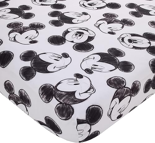 Disney Mickey Mouse - Sábana bajera ajustable de poliéster para cuna, color blanco y negro