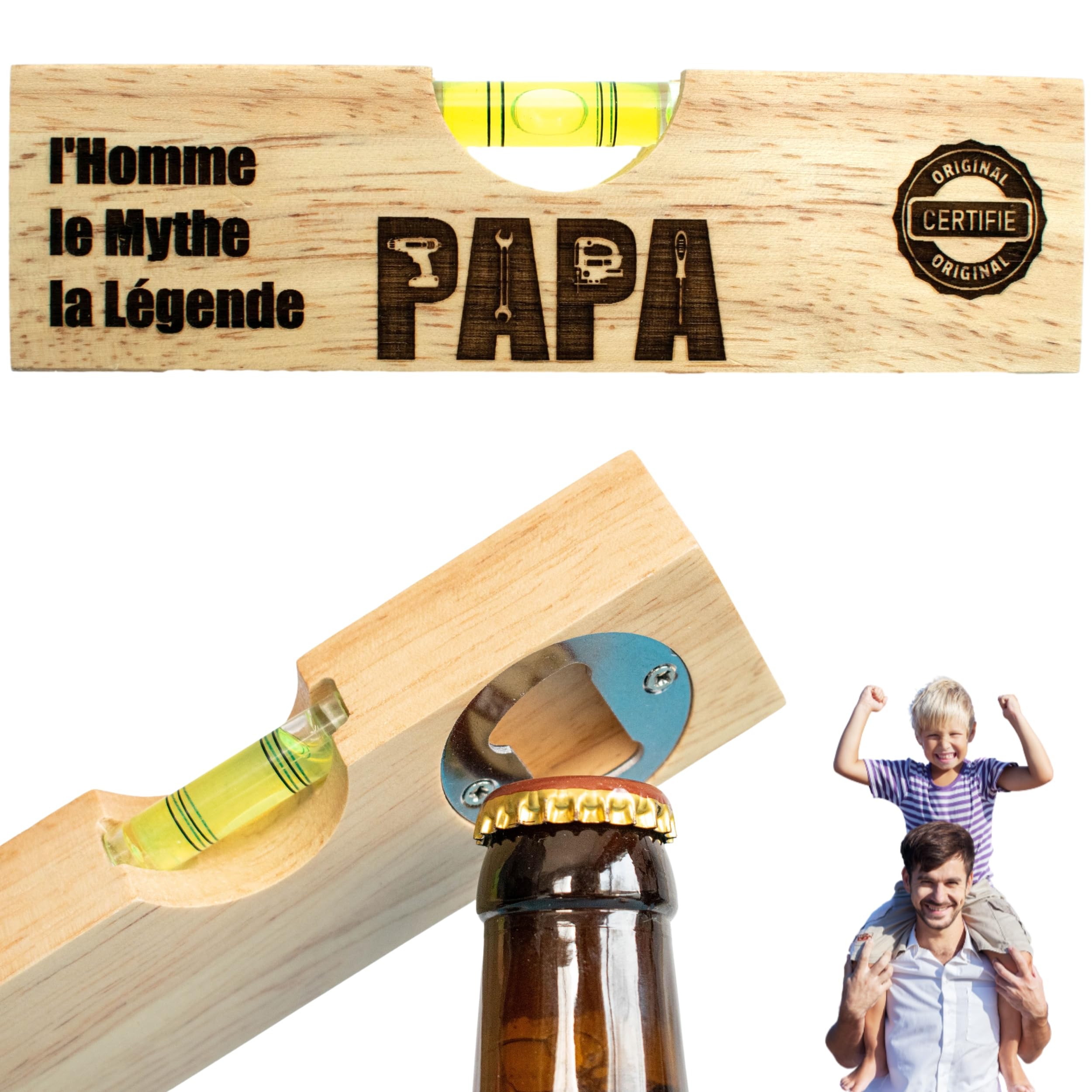 Apribottiglie 2 In 1 Con Livella A Bolla PAPI - Regalo Originale In Legno Per Festa Del Papà E Compleanni