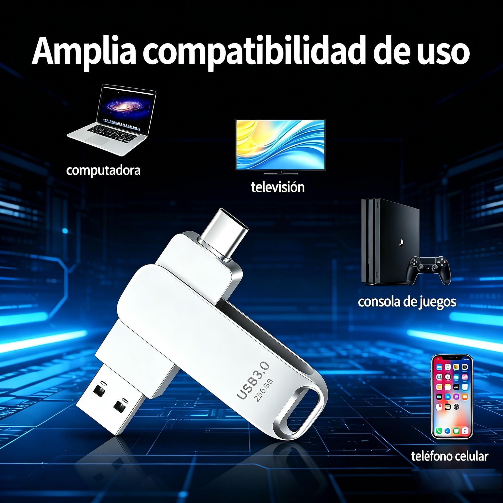 Memoria USB C 3.0 de 256GB, Dual Drive Pendrive Tipo C y USB OTG 2 en 1 Portátil Impermeable Dual Pen Drive USB C Metal Alta Capacidad Memory Stick para iOS Smartphones,Android, PC, Tabletas-USB (M) — view 7