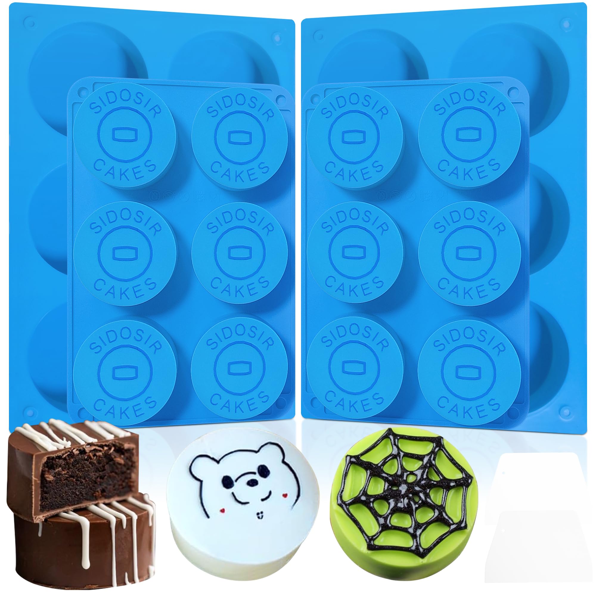 Sidosir Original Cakepuck Mold Set, Cake Puck Molds Silicone mold for Chocolate Covered, Round Cake Pop Silicone Mold with 2 Scroper(4molds+2Scropers)