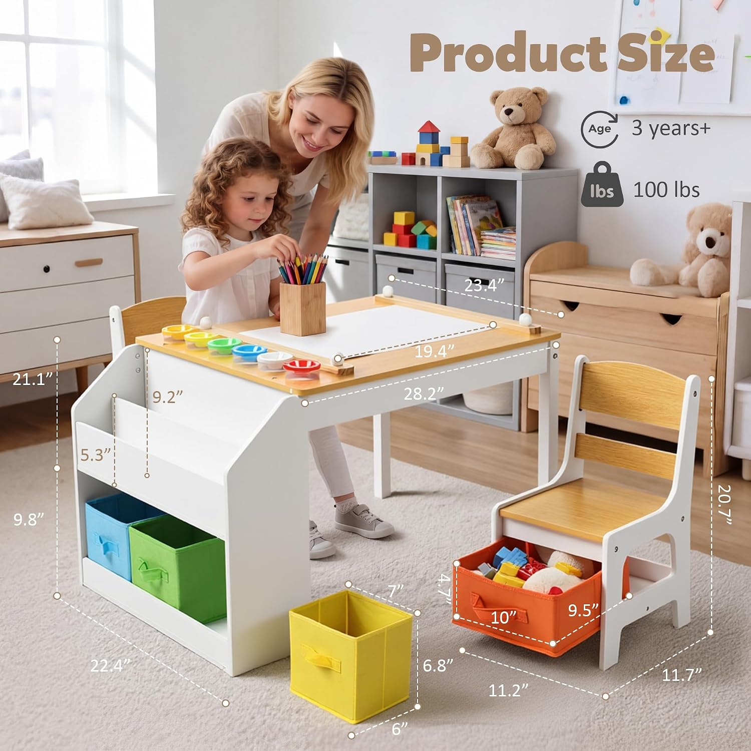 TODEFULL Kids Table and 2 Chairs Set Large Storage, Kids Activity Table Toddler Desk for Art, Craft, Study, Open Shelf, Paper Roll, 5 Removable Bins, Toddler Furniture for Home, Preschool, Classroom
