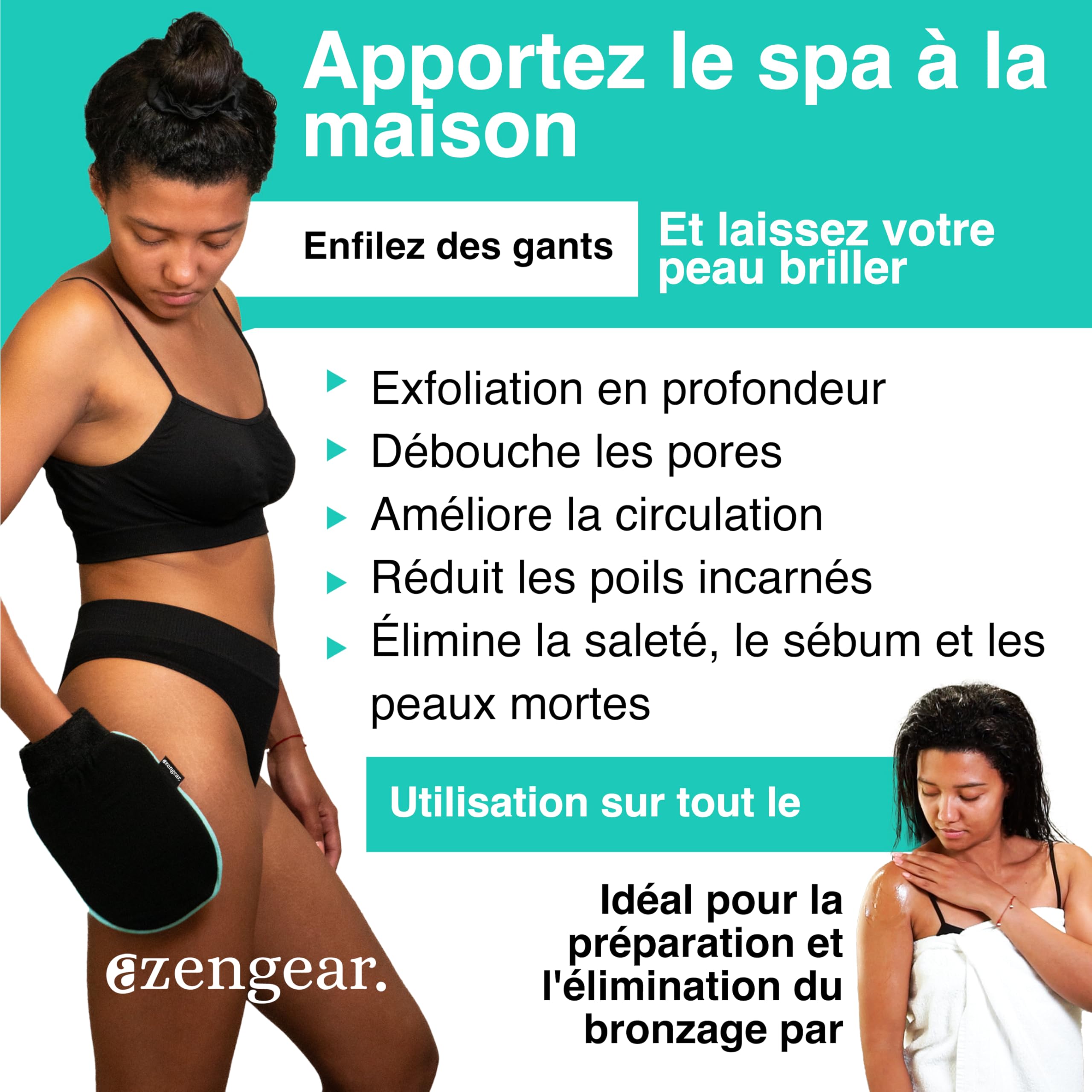 aZengear Gant exfoliant (Paire), Gant de gommage profond pour le bain coréen - Élimination des peaux mortes, du faux bronzage par pulvérisation, de la kératose pilaire pour hommes, femmes, Noir