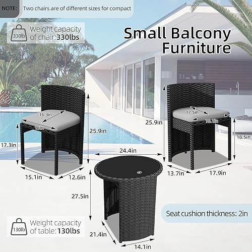 Miniatura 4 de TWT Juego de 3 piezas de bistró para patio, de aluminio fundido para todo tipo de clima, con mesa de vidrio templado y sillas de patio para piscina,